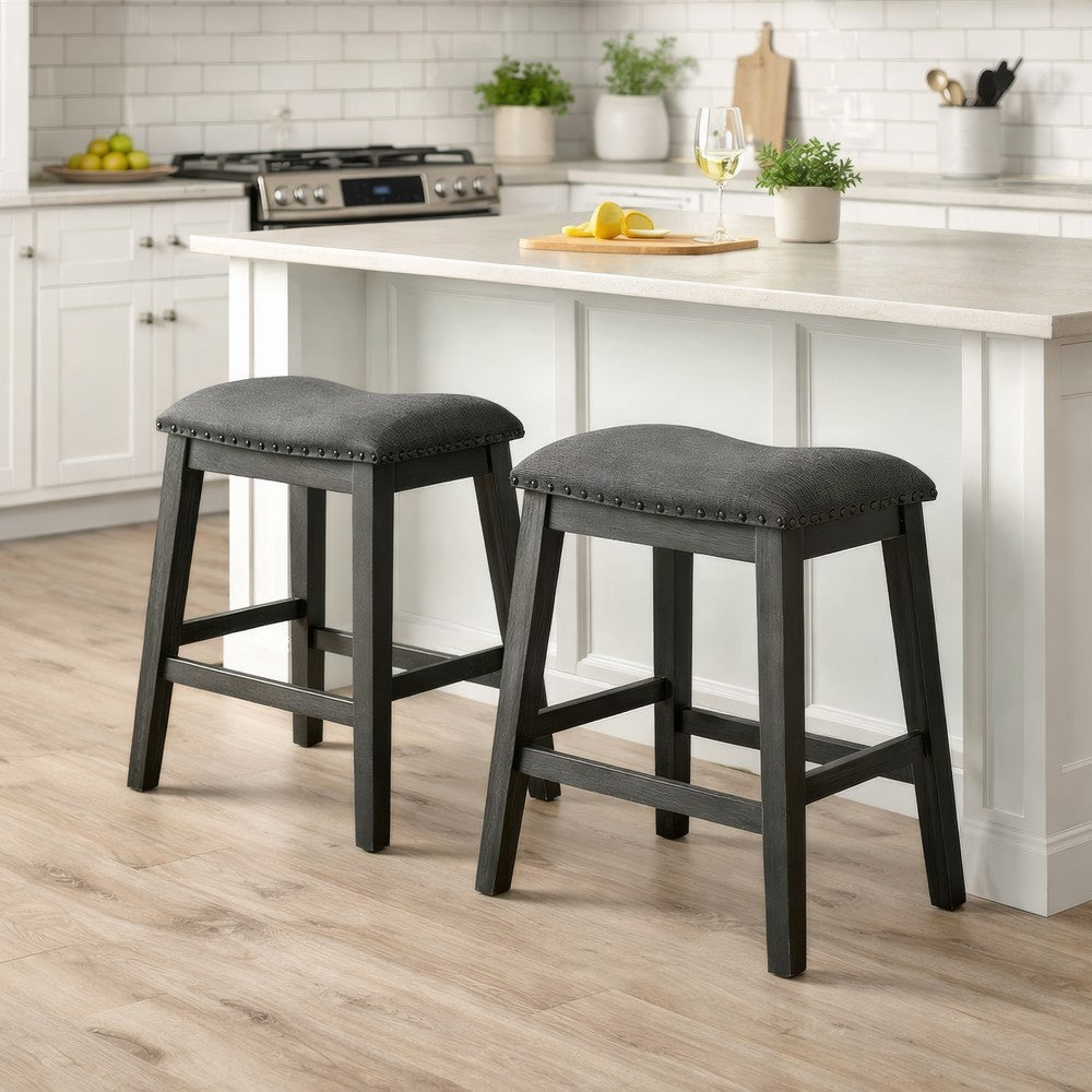 Benjara Fabric Saddle Counter Stool with Nailhead Trim, Set of 2, Gray