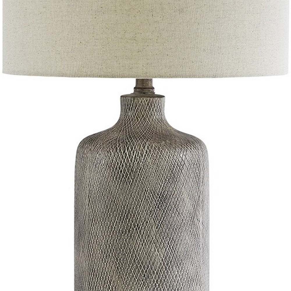 Benjara Textured Ceramic Frame Table Lamp with Fabric Shade, Gray And Off White