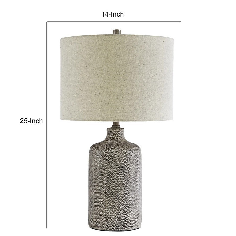 Benjara Textured Ceramic Frame Table Lamp with Fabric Shade, Gray And Off White