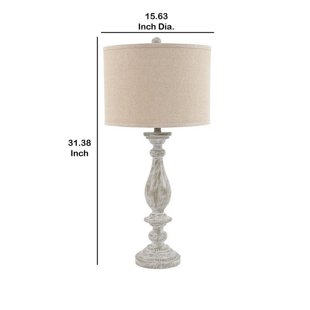 Benjara Drum Shade Table Lamp with Pedestal Base, Set of 2, Beige And Off White