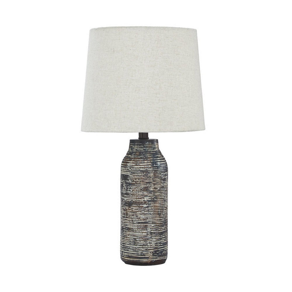 Benjara Fabric Shade Table Lamp with Textured Base, Set of 2, White And Black