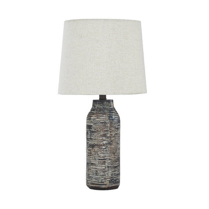 Benjara Fabric Shade Table Lamp with Textured Base, Set of 2, White And Black