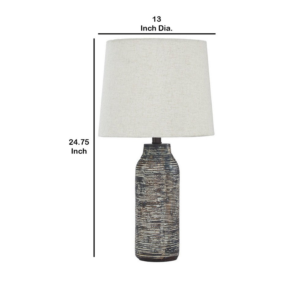 Benjara Fabric Shade Table Lamp with Textured Base, Set of 2, White And Black