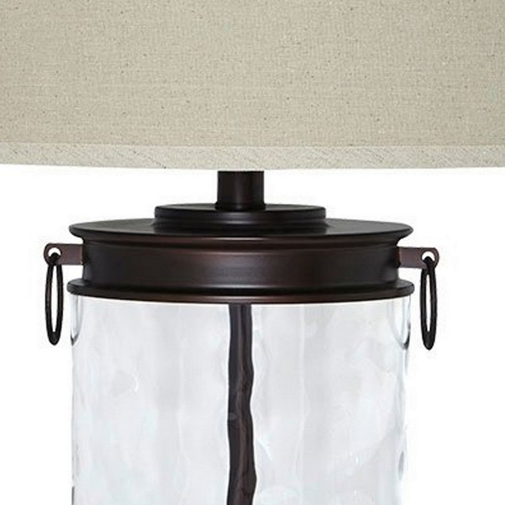 Benjara Drum Shade Table Lamp with Glass Insert Base, Bronze