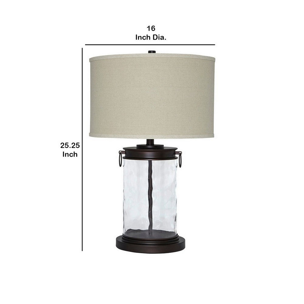 Benjara Drum Shade Table Lamp with Glass Insert Base, Bronze