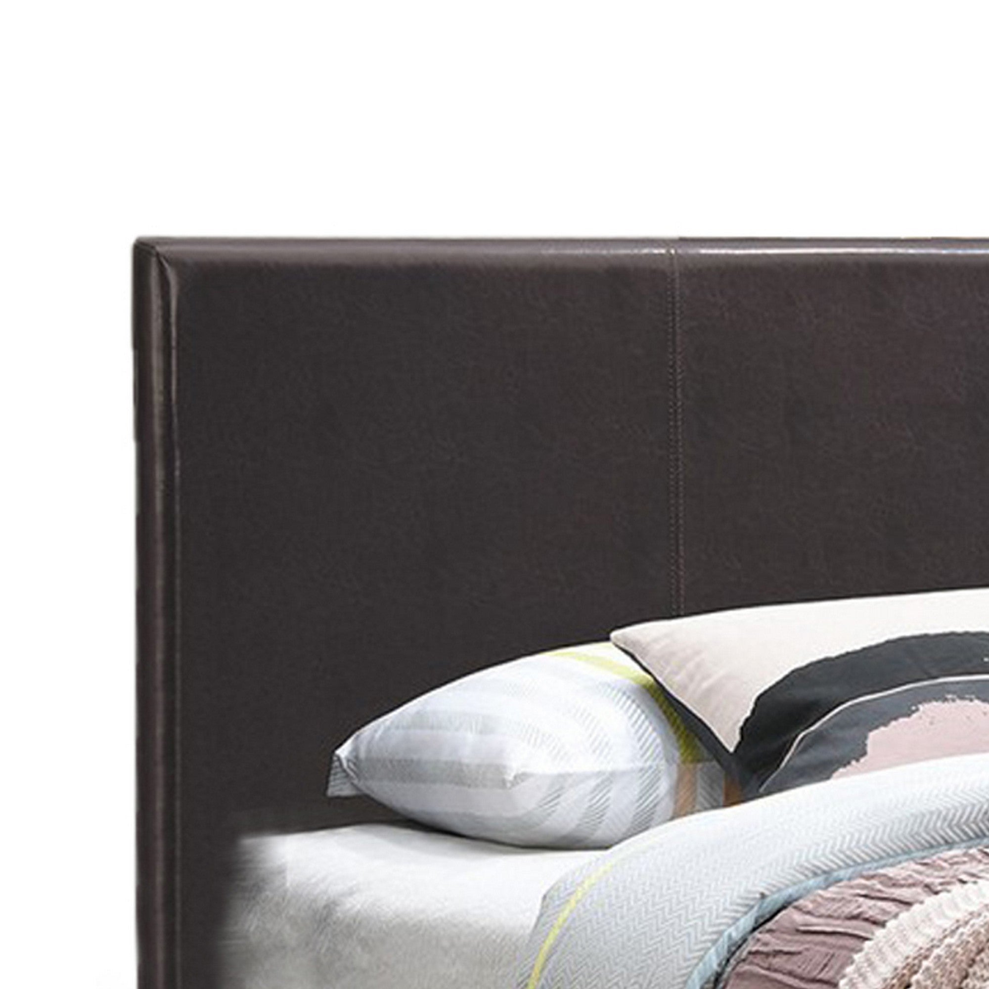 Benjara Transitional Style Leatherette Twin Bed with Padded Headboard, Dark Brown