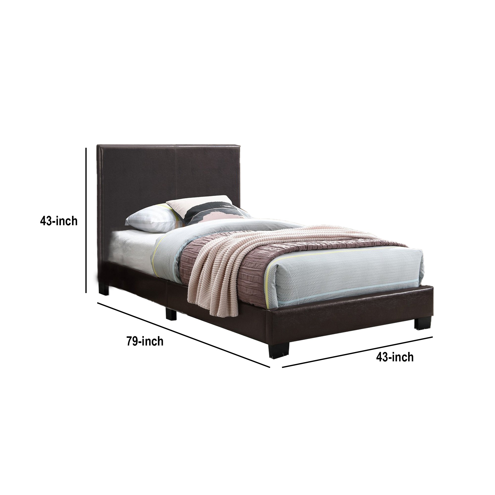 Benjara Transitional Style Leatherette Twin Bed with Padded Headboard, Dark Brown