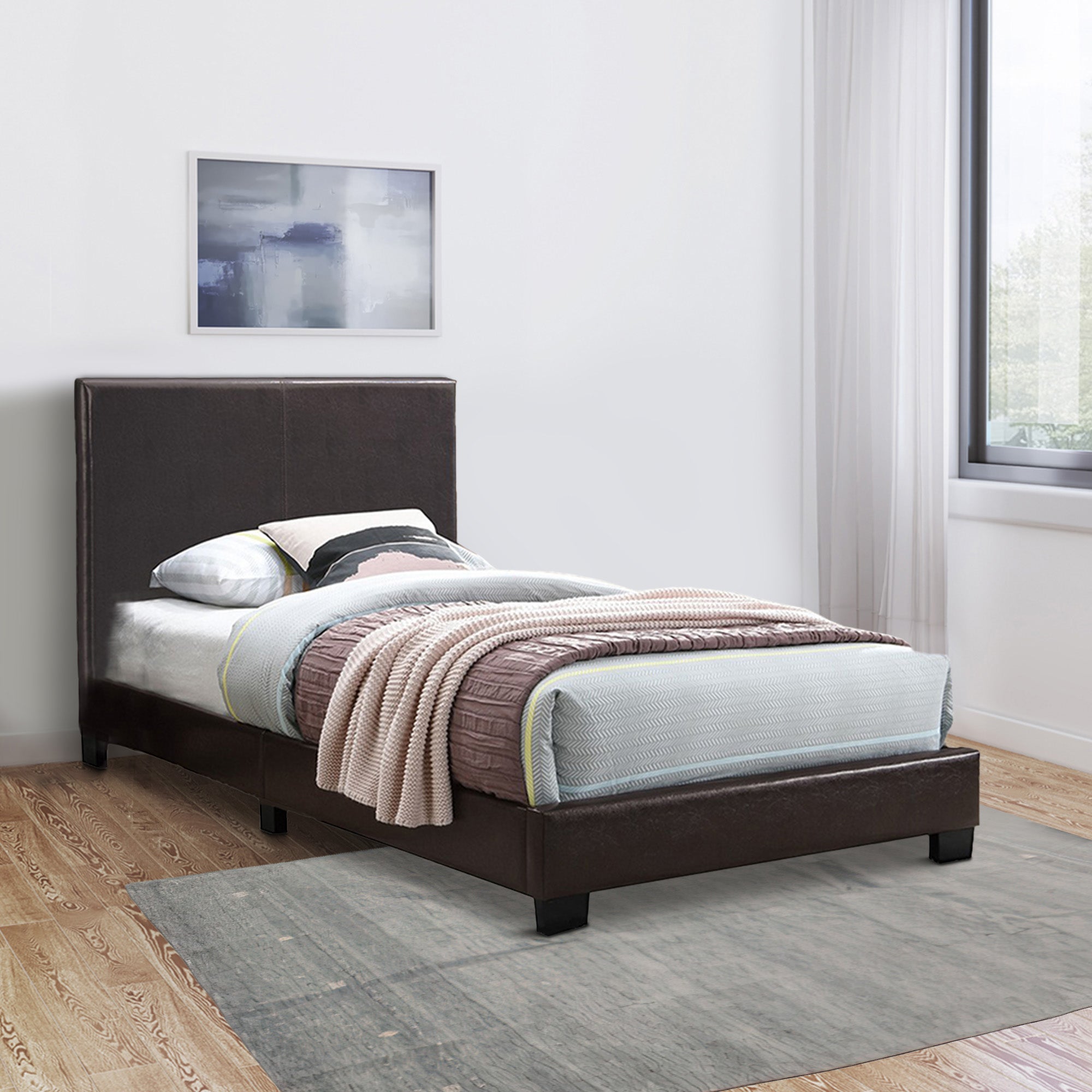 Benjara Transitional Style Leatherette Twin Bed with Padded Headboard, Dark Brown
