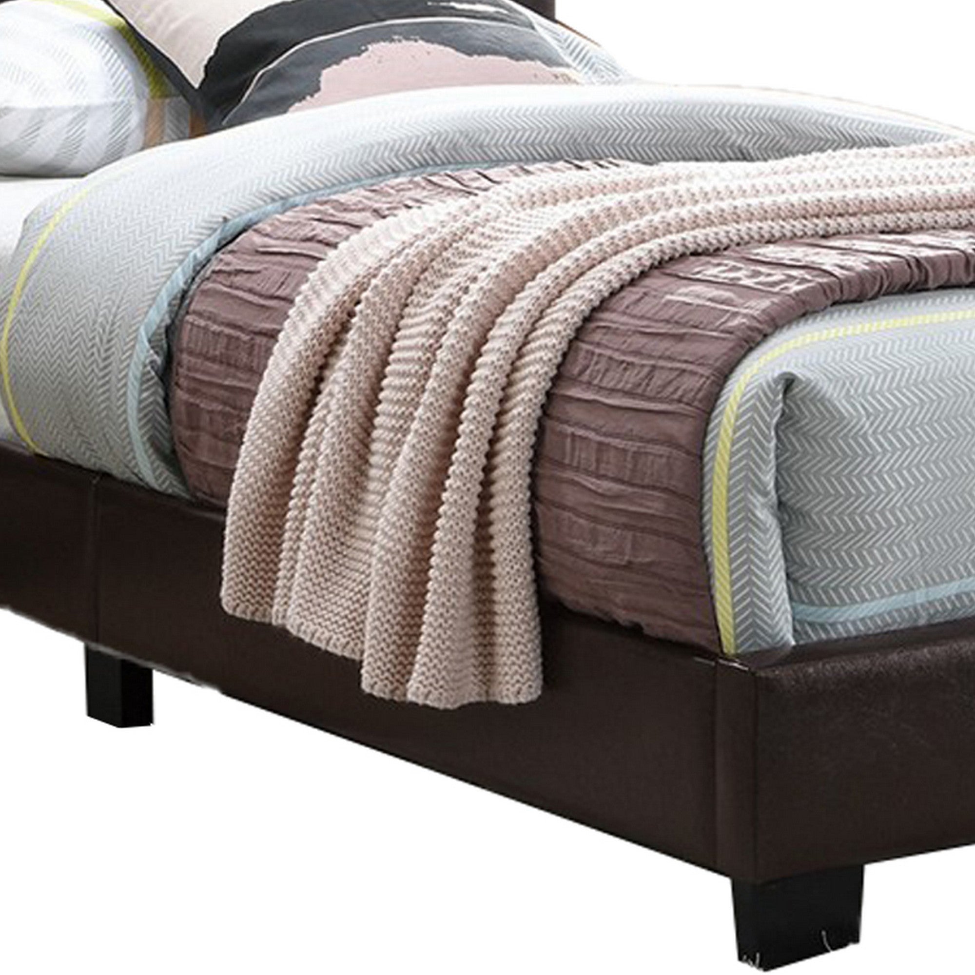 Benjara Transitional Style Leatherette Full Bed with Padded Headboard, Dark Brown