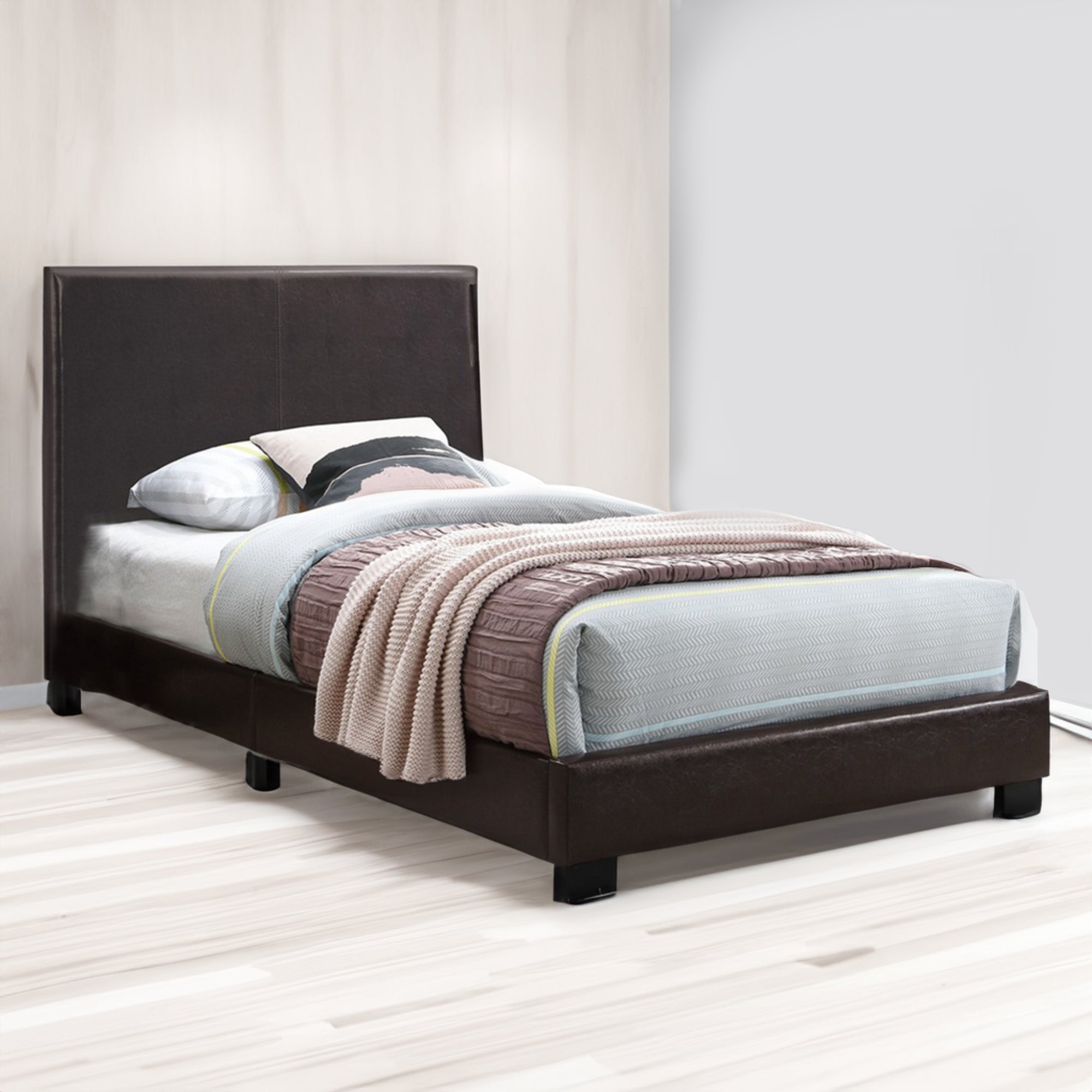 Benjara Transitional Style Leatherette Full Bed with Padded Headboard, Dark Brown