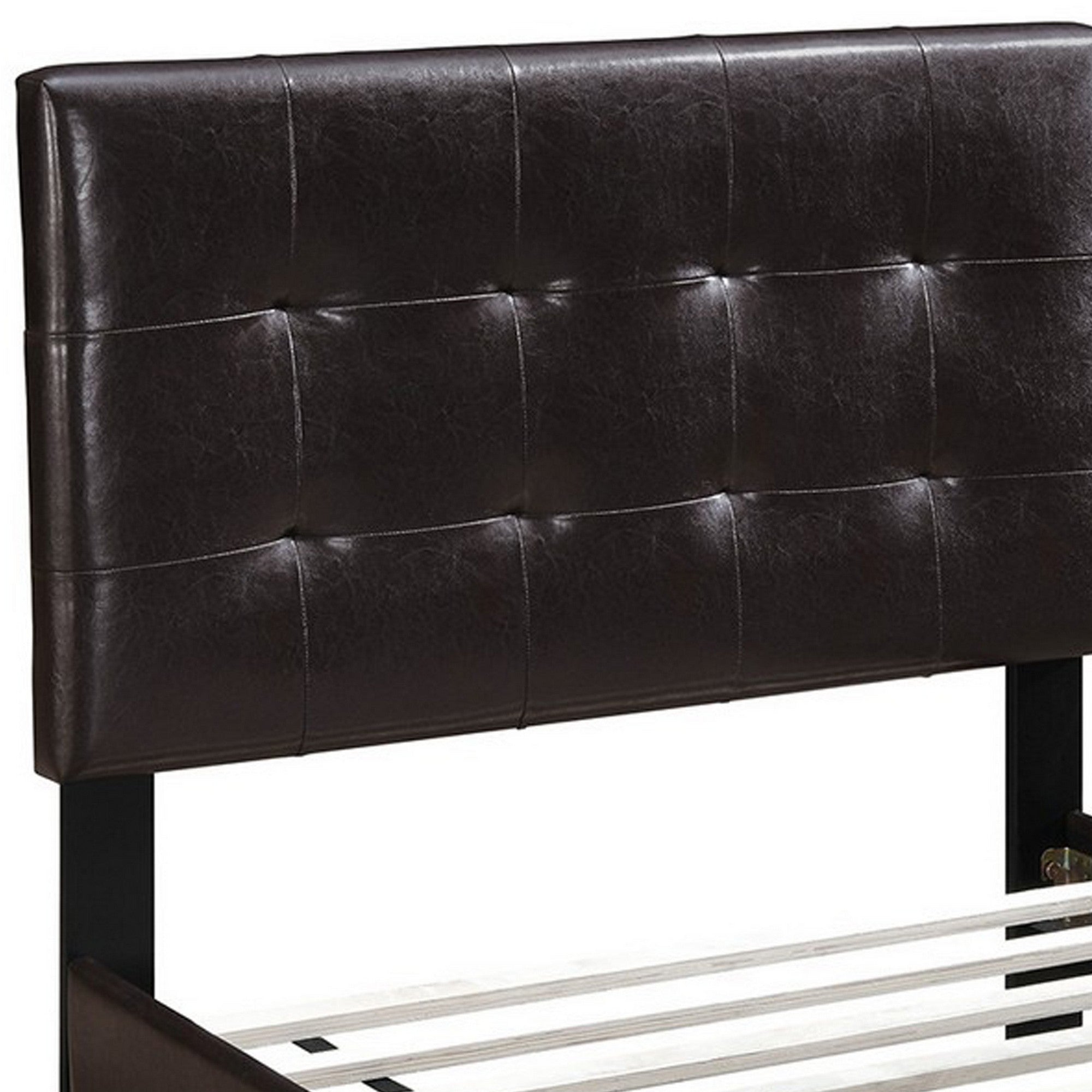 Benjara Twin Leatherette Bed with Checkered Tufted Headboard, Dark Brown