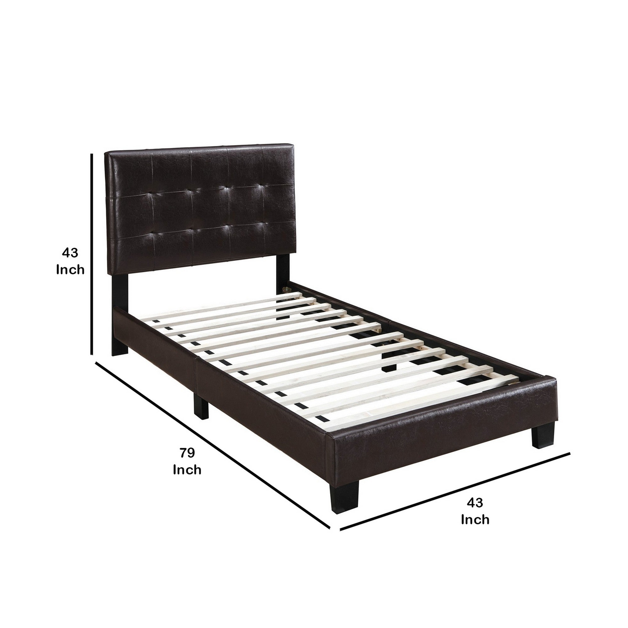 Benjara Twin Leatherette Bed with Checkered Tufted Headboard, Dark Brown