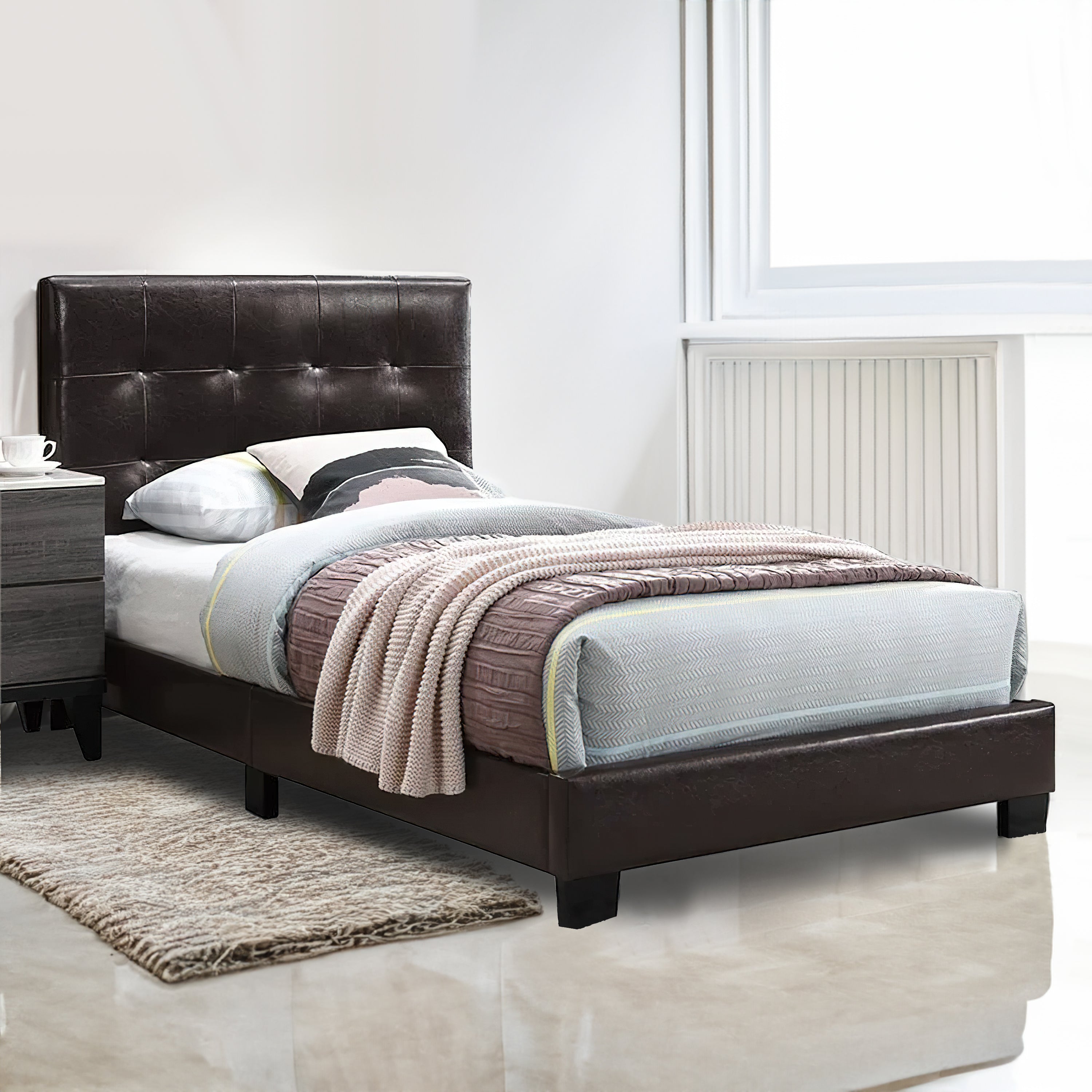 Benjara Twin Leatherette Bed with Checkered Tufted Headboard, Dark Brown