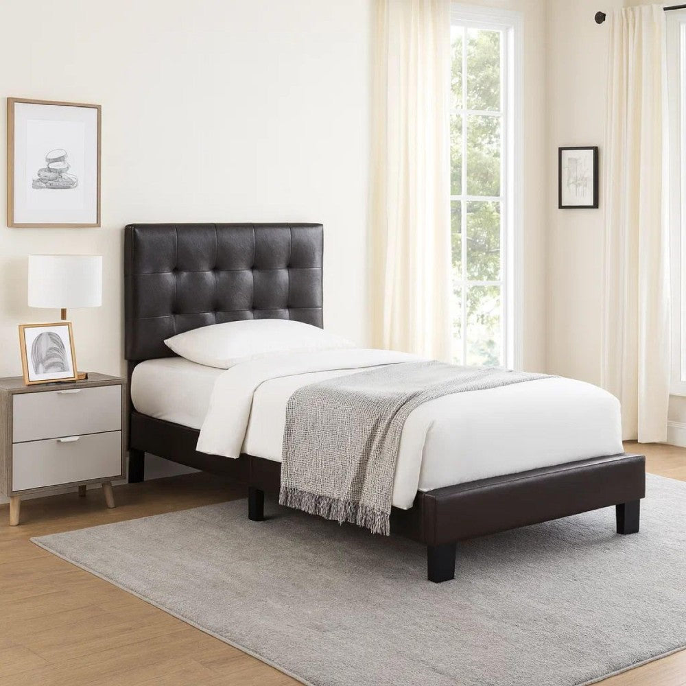 Benjara Full Leatherette Bed with Checkered Tufted Headboard, Dark Brown