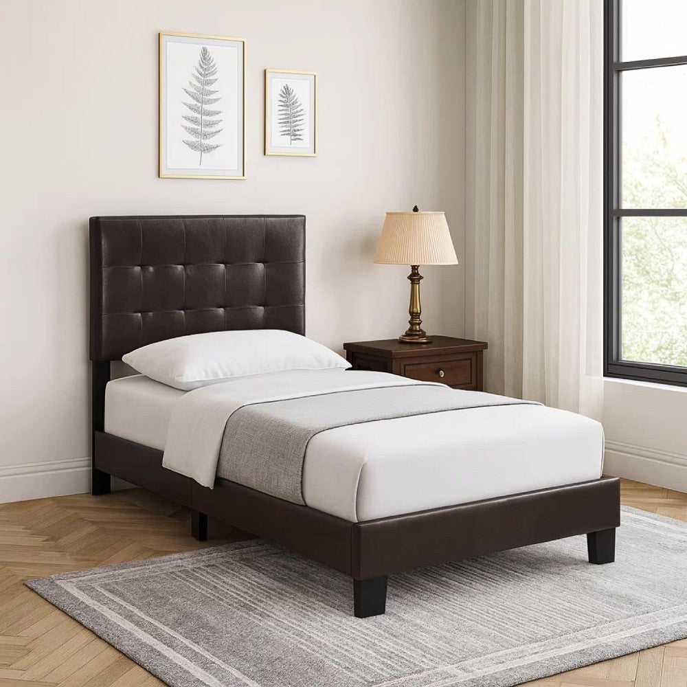 Benjara Full Leatherette Bed with Checkered Tufted Headboard, Dark Brown