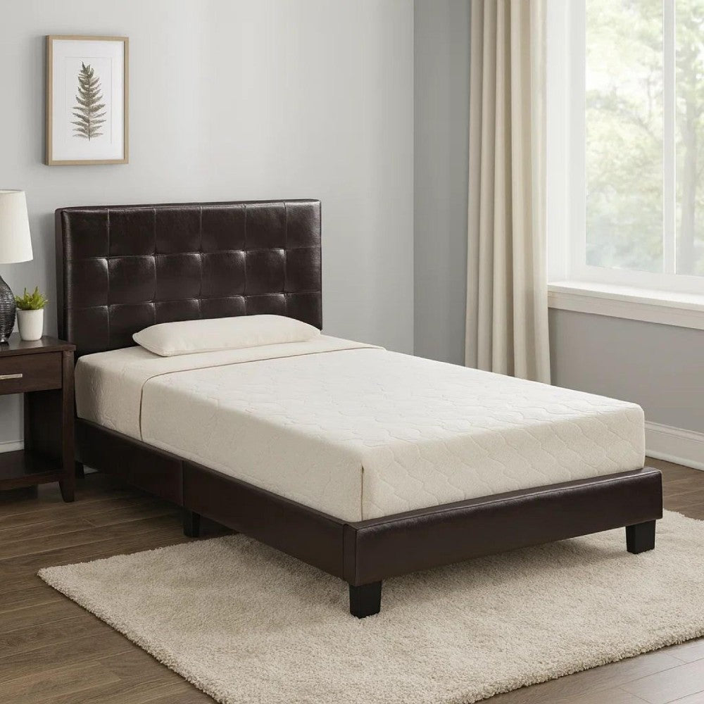 Benjara Full Leatherette Bed with Checkered Tufted Headboard, Dark Brown