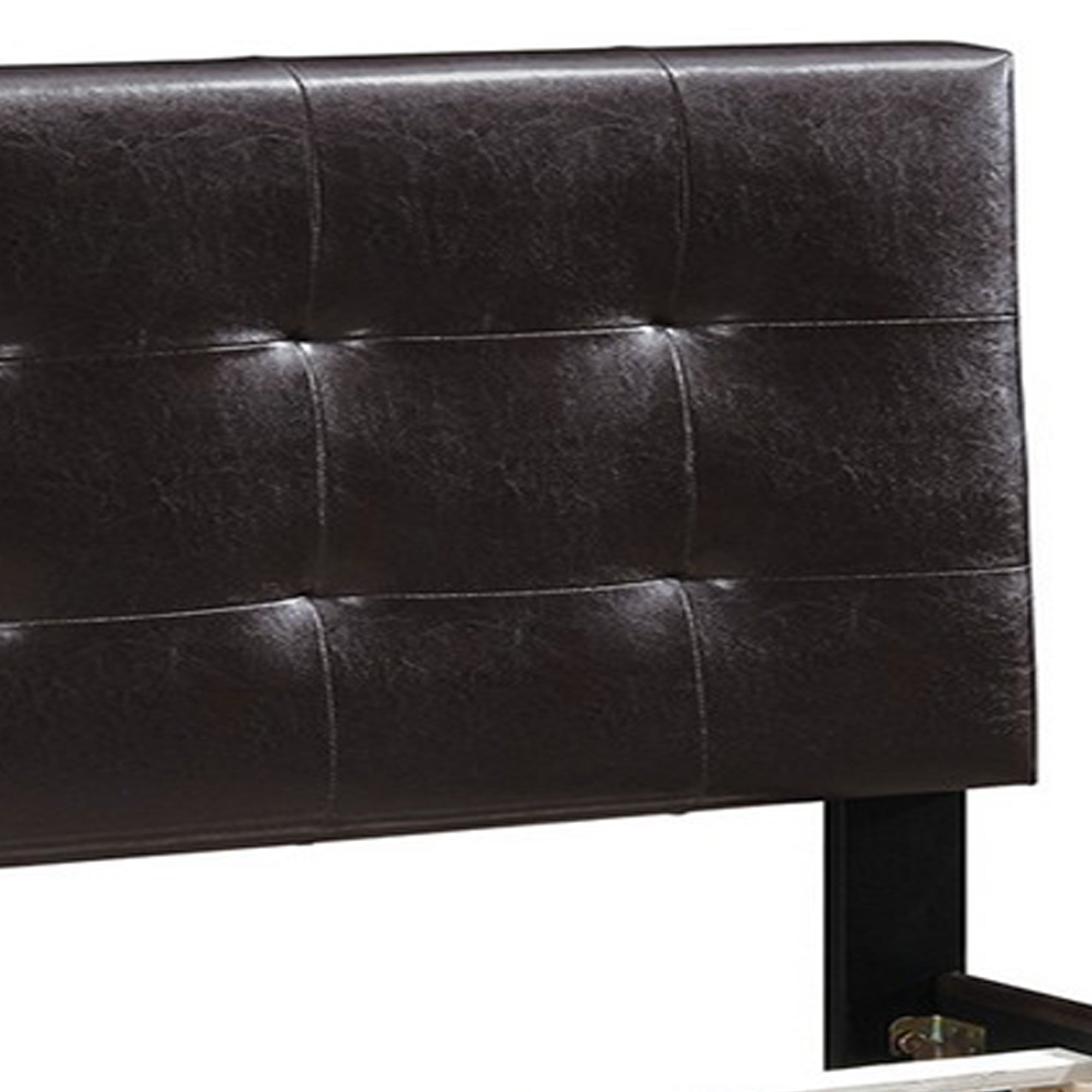 Benjara Queen Leatherette Bed with Checkered Tufted Headboard, Dark Brown