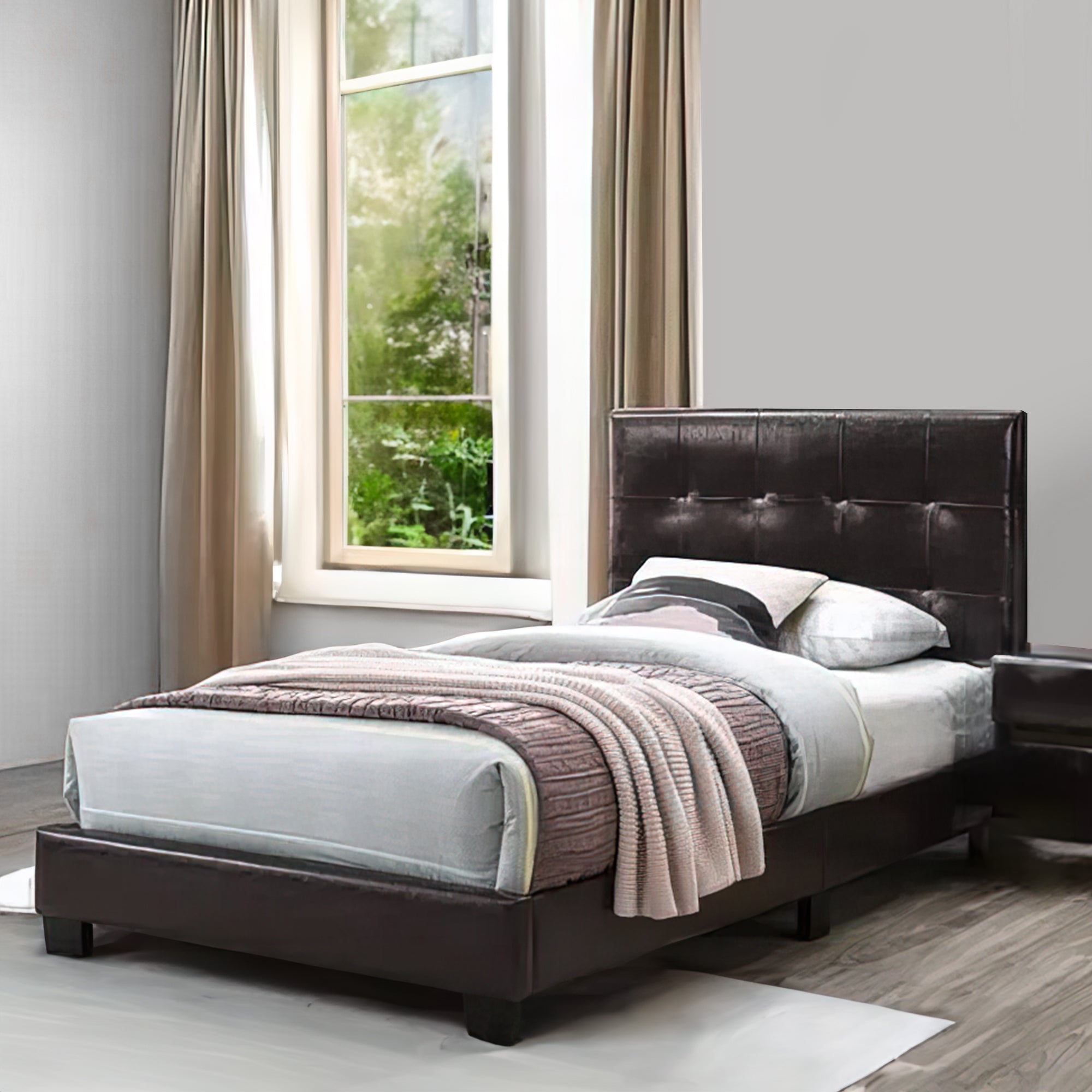 Benjara Queen Leatherette Bed with Checkered Tufted Headboard, Dark Brown