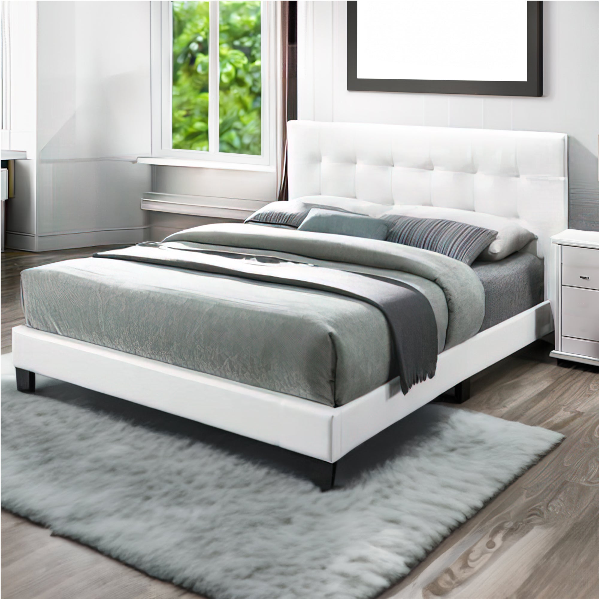 Benjara Twin Leatherette Bed with Checkered Tufted Headboard, White