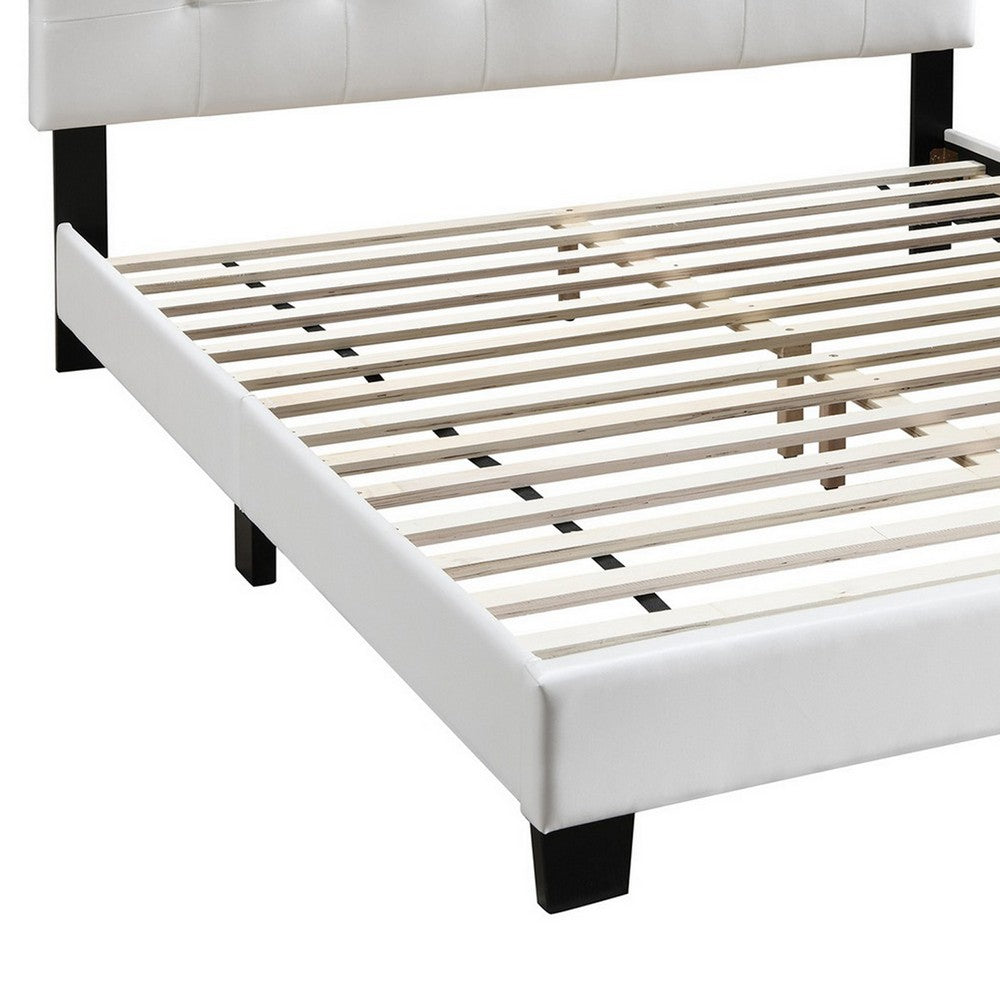 Benjara Full Leatherette Bed with Checkered Tufted Headboard, White