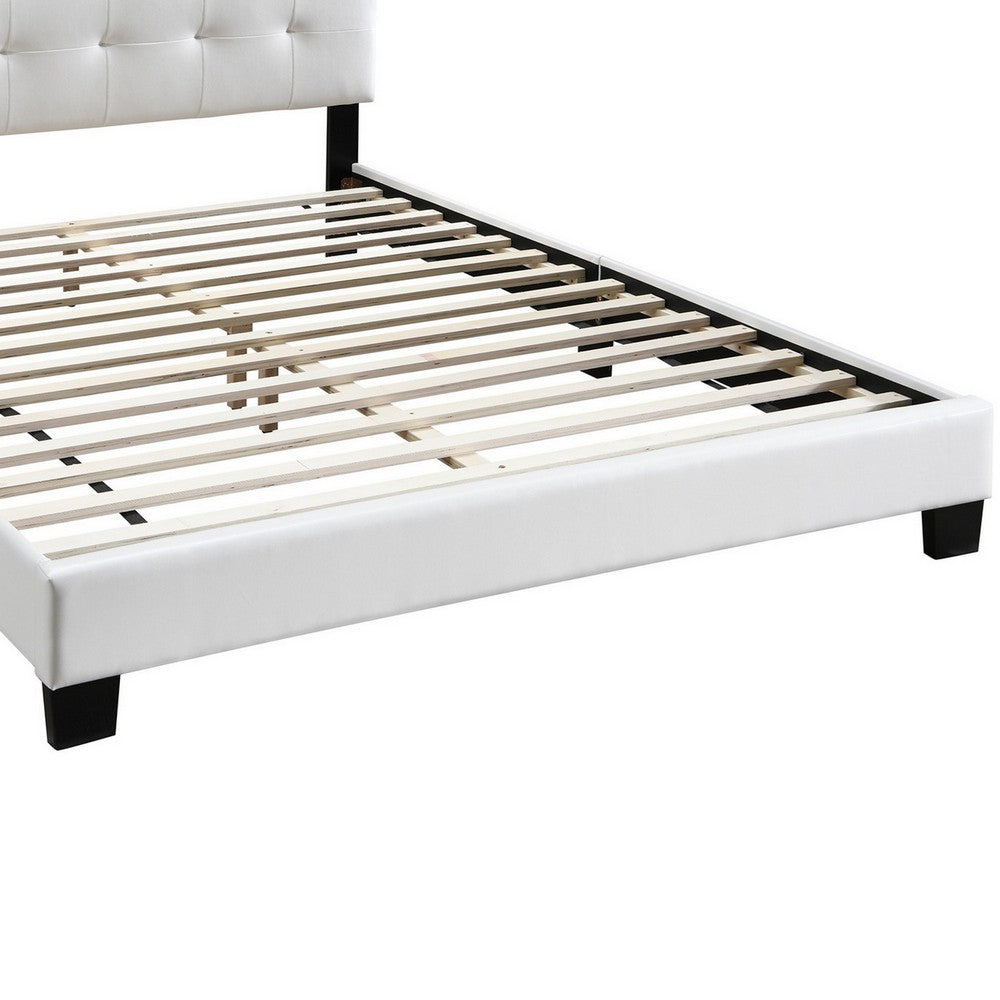 Benjara Full Leatherette Bed with Checkered Tufted Headboard, White