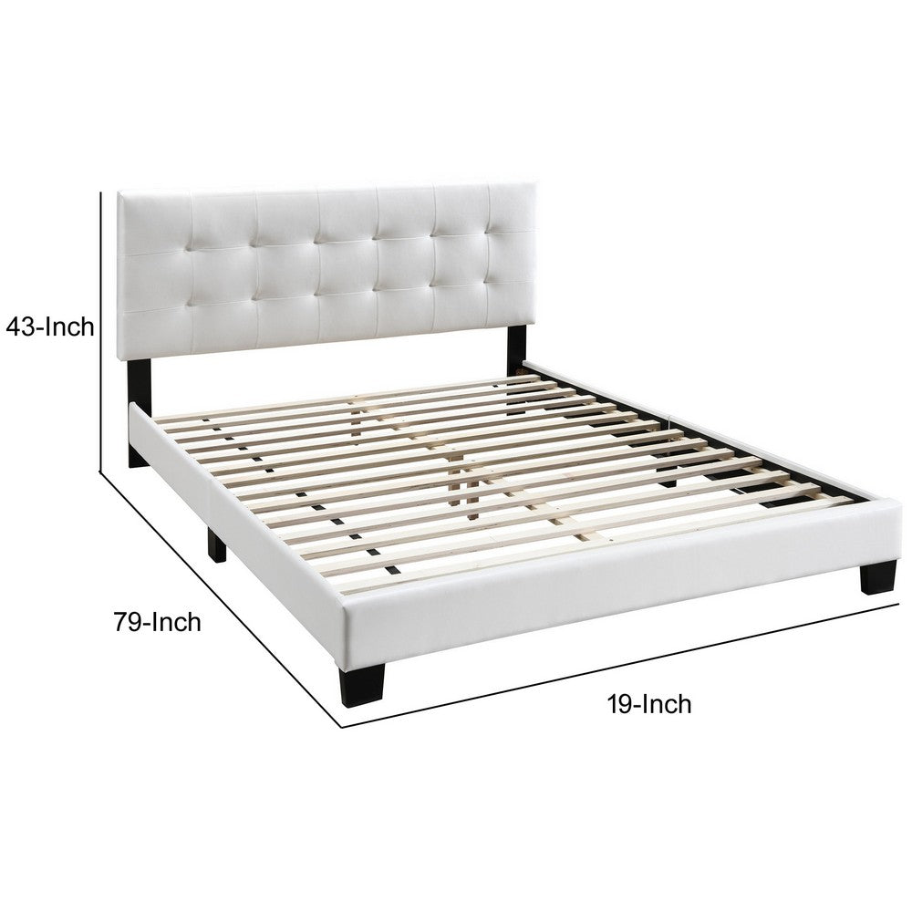 Benjara Full Leatherette Bed with Checkered Tufted Headboard, White