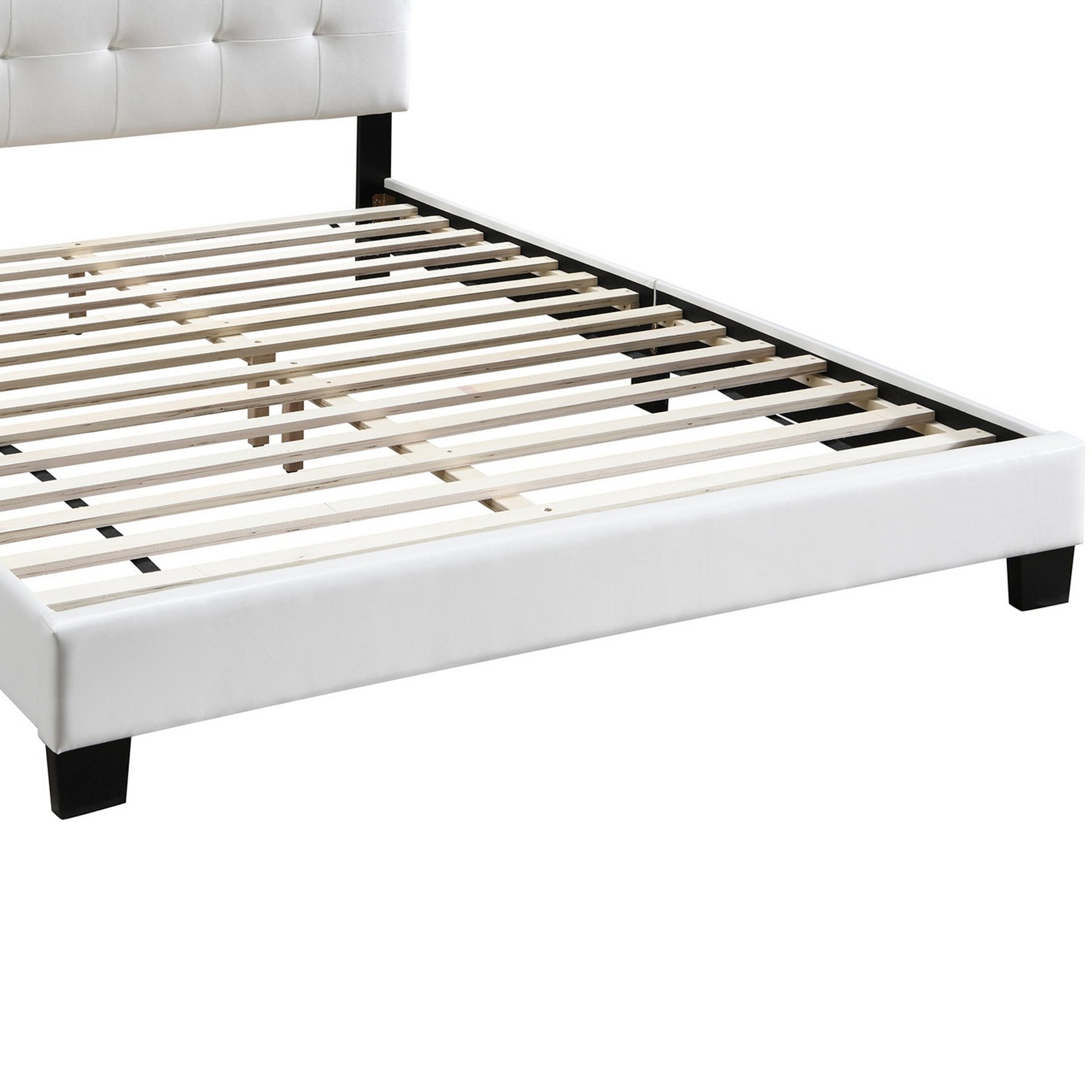 Benjara Queen Leatherette Bed with Checkered Tufted Headboard, White