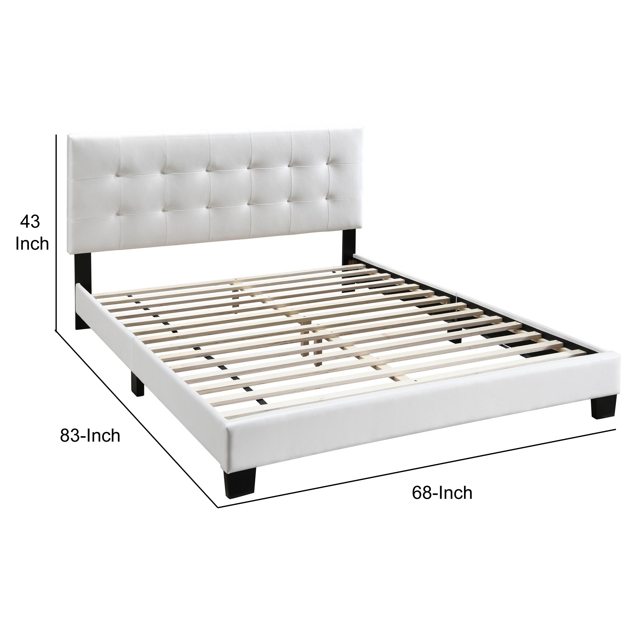 Benjara Queen Leatherette Bed with Checkered Tufted Headboard, White