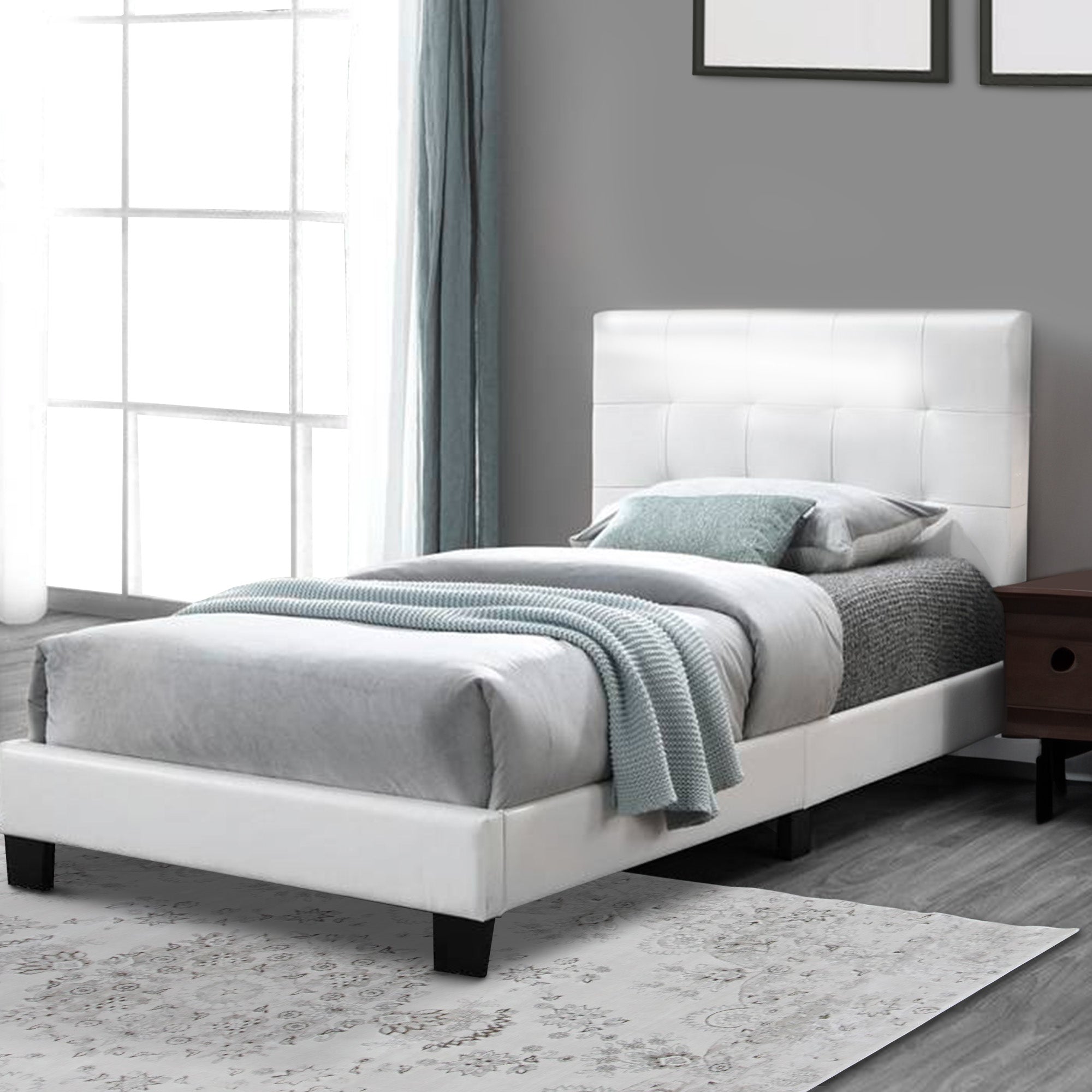 Benjara Queen Leatherette Bed with Checkered Tufted Headboard, White