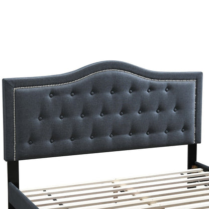 Benjara Button Tufted Full Burlap Bed with Curved Headboard, Charcoal Gray