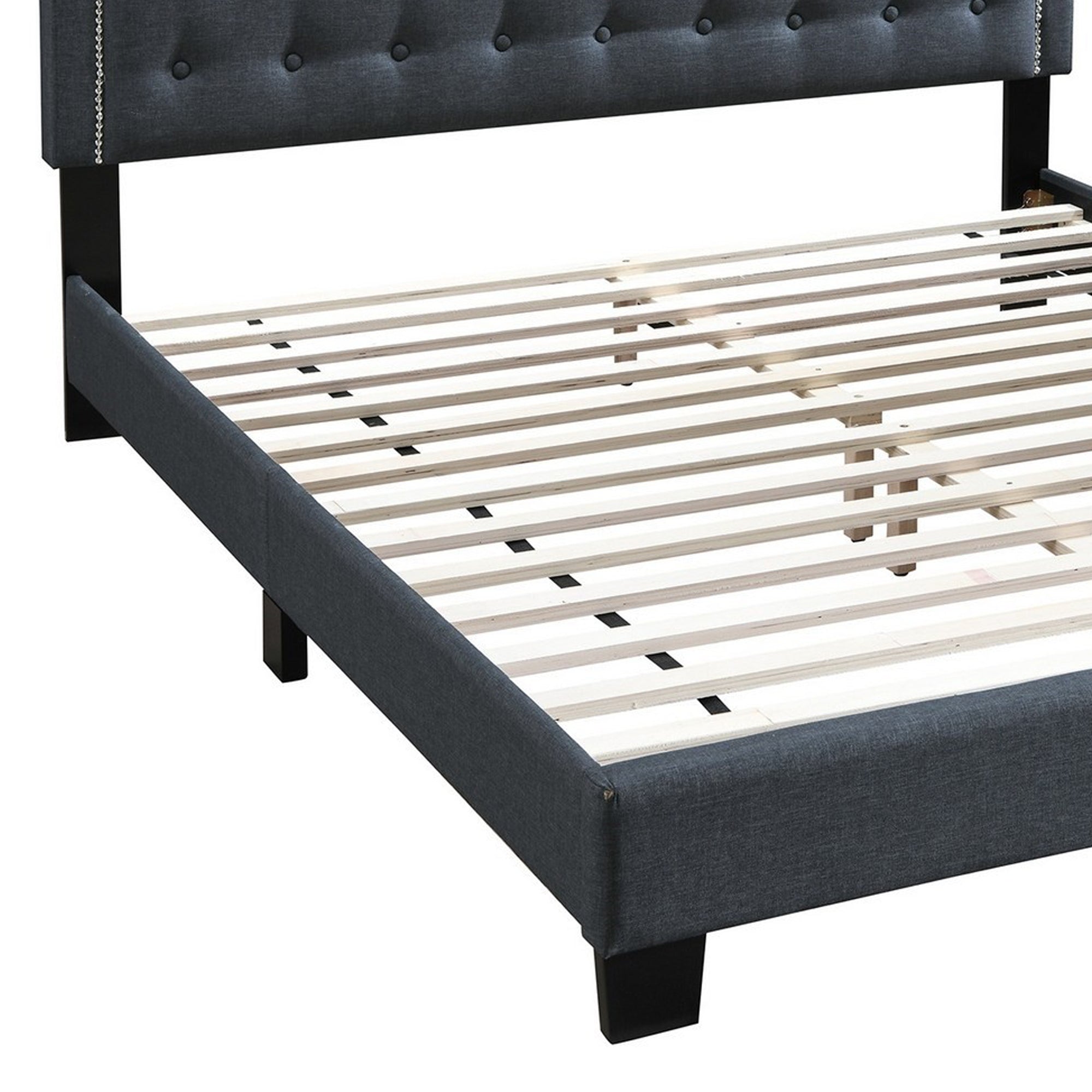 Benjara Button Tufted Full Burlap Bed with Curved Headboard, Charcoal Gray