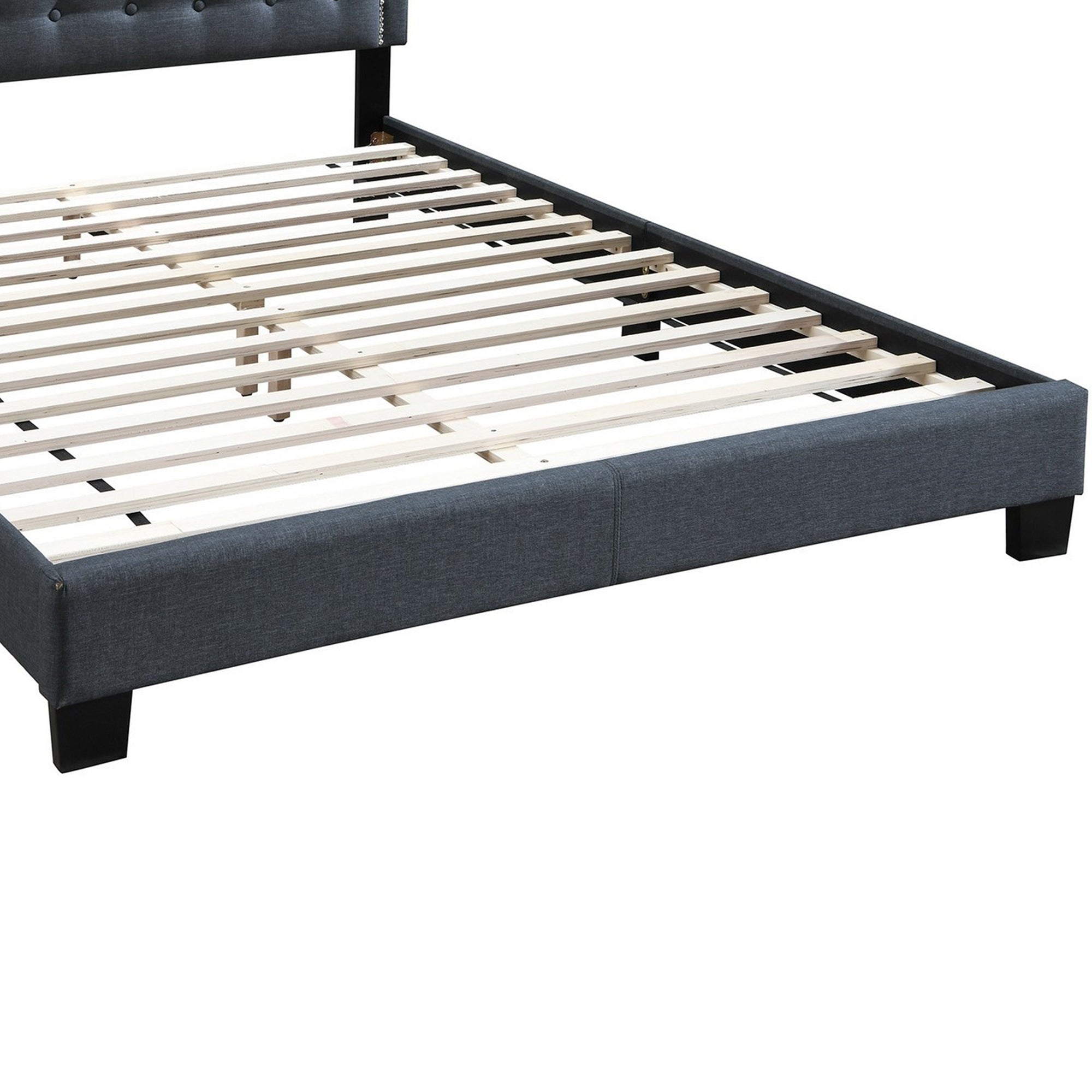 Benjara Button Tufted Queen Burlap Bed with Curved Headboard, Charcoal Gray