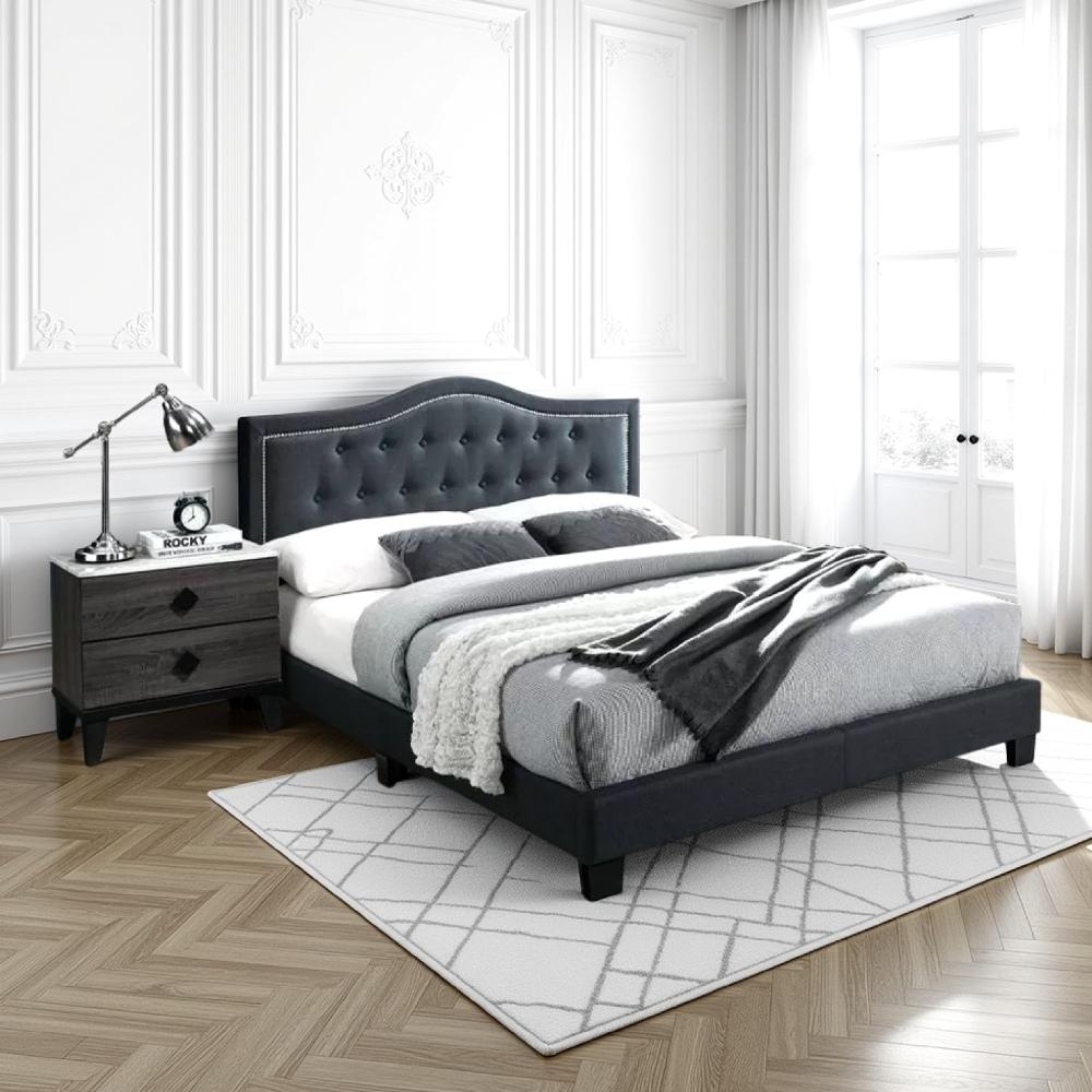 Benjara Button Tufted Queen Burlap Bed with Curved Headboard, Charcoal Gray