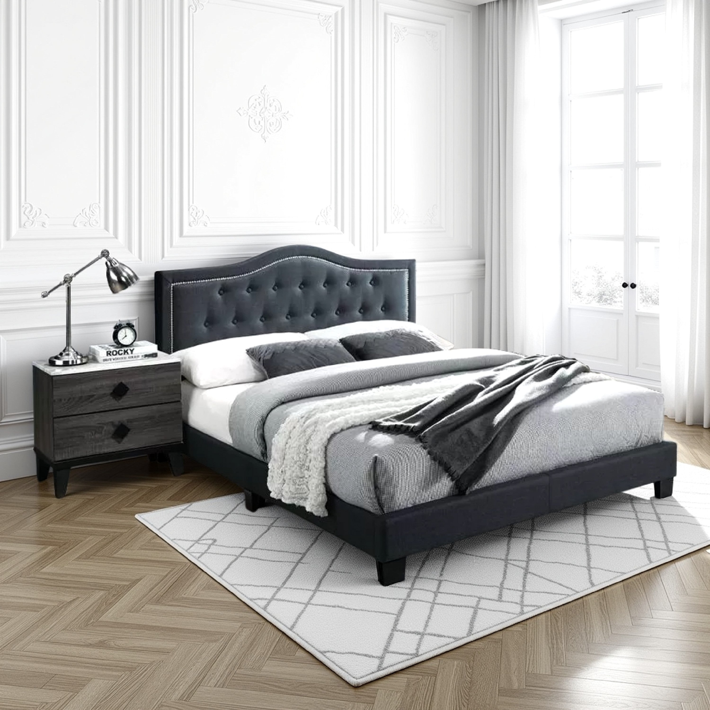 Benjara Button Tufted Queen Burlap Bed with Curved Headboard, Charcoal Gray