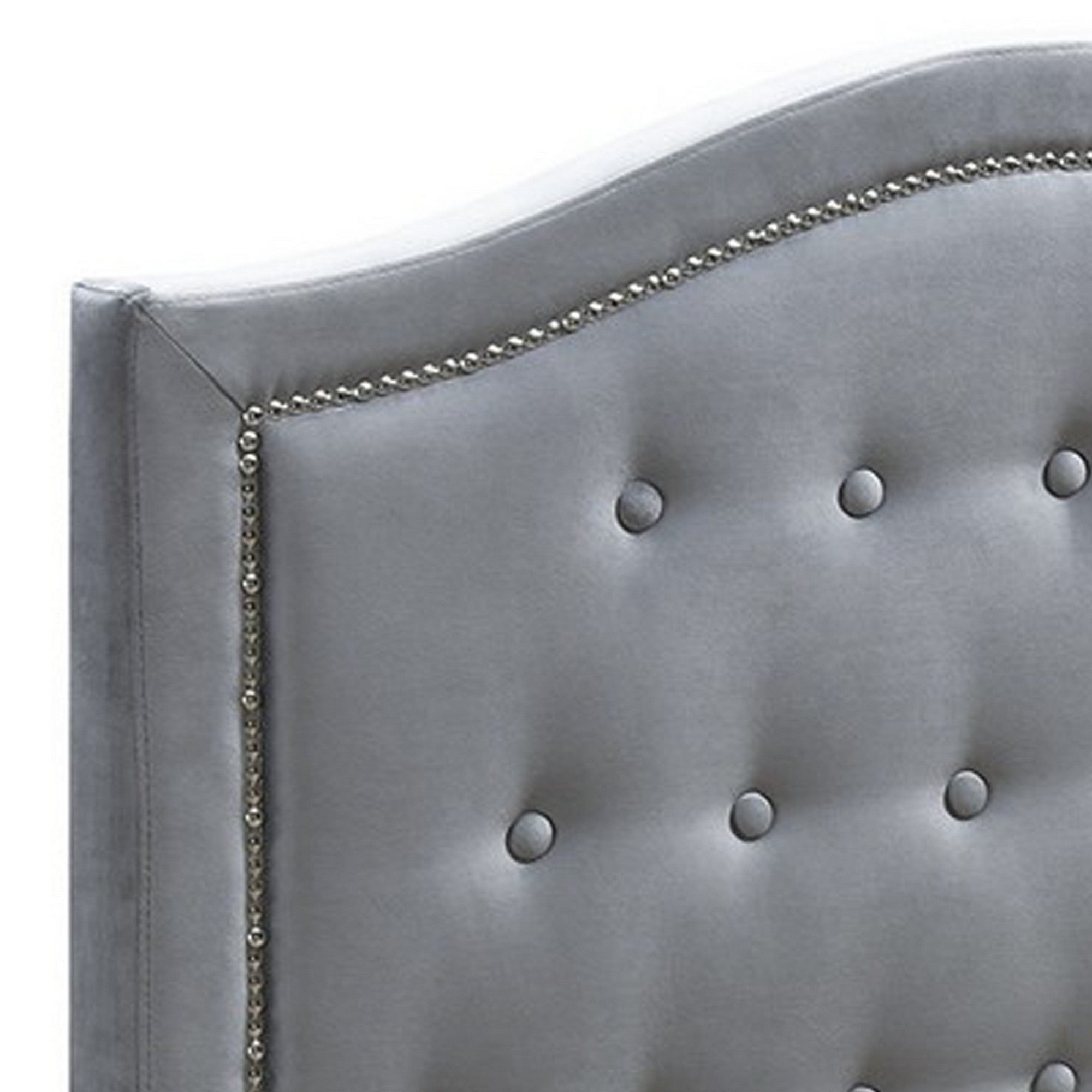 Benjara Button Tufted Twin Velvet Bed with Curved Headboard, Gray