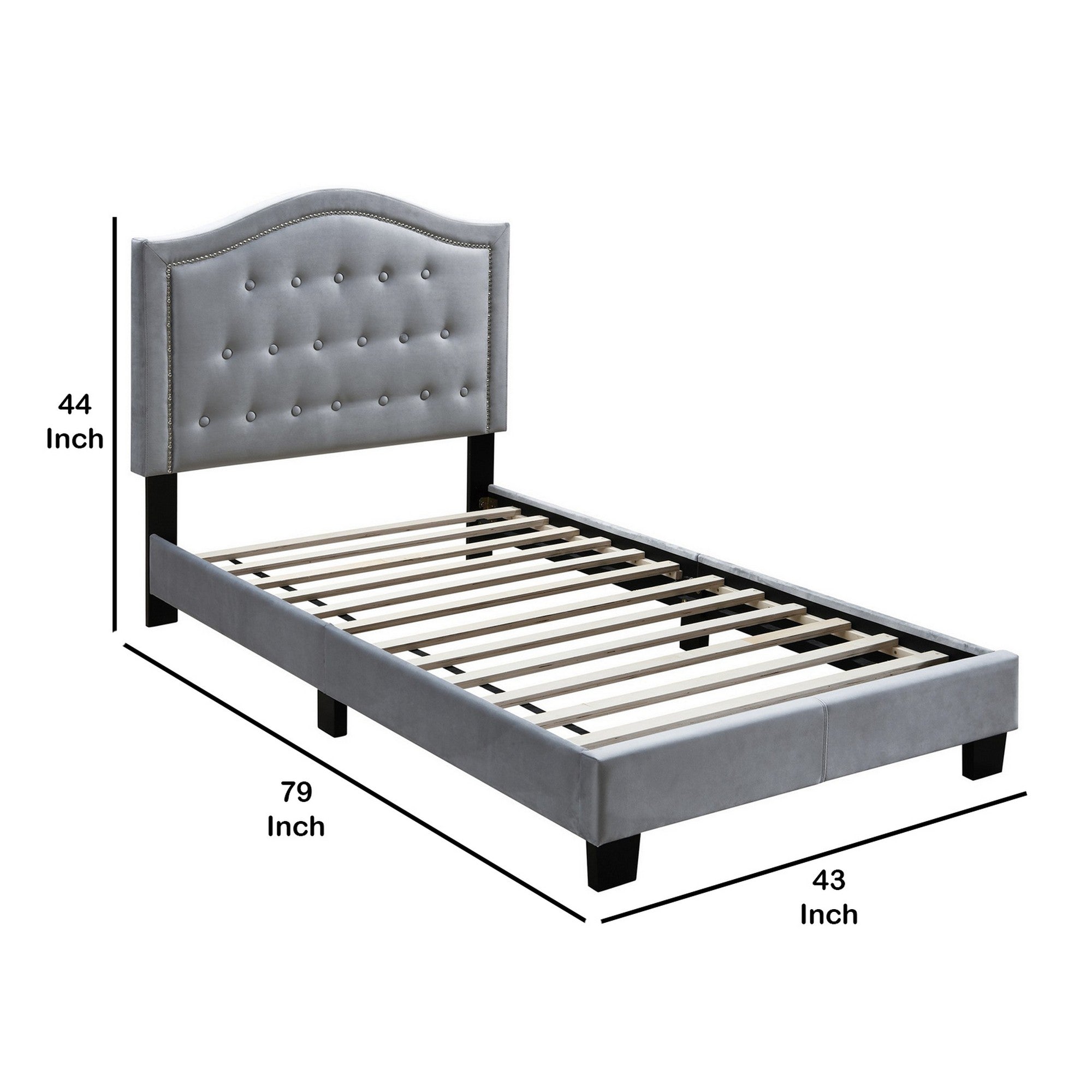 Benjara Button Tufted Twin Velvet Bed with Curved Headboard, Gray
