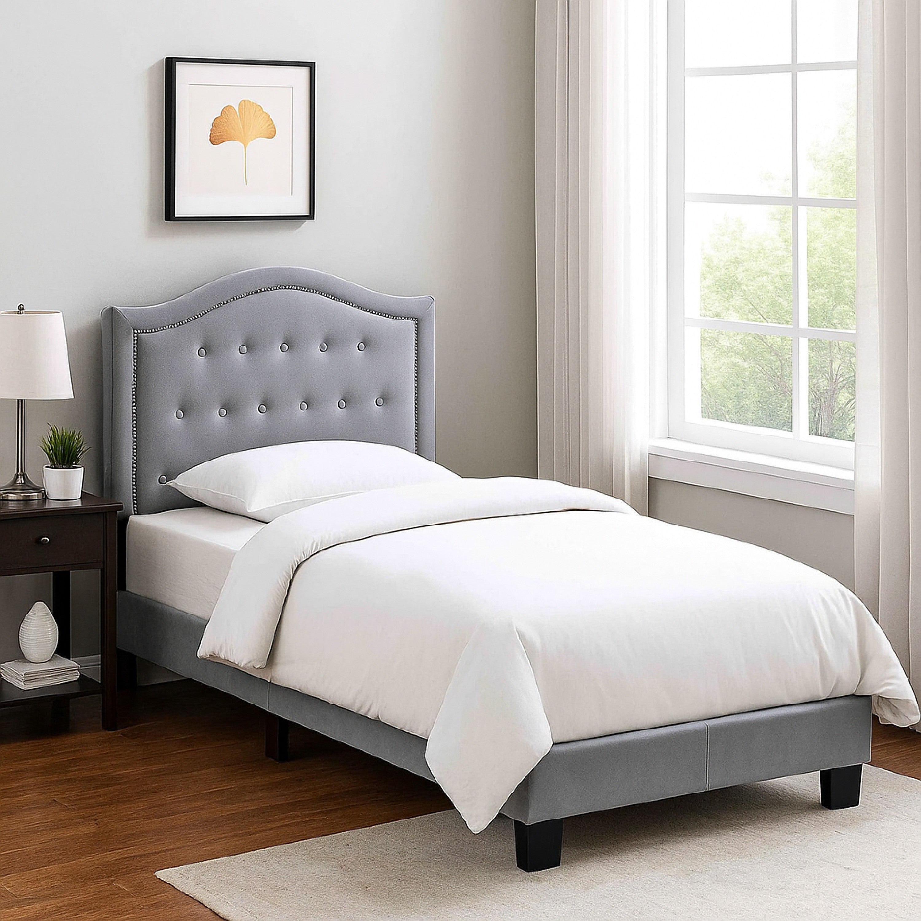 Benjara Button Tufted Twin Velvet Bed with Curved Headboard, Gray