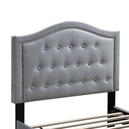 Benjara Button Tufted Full Velvet Bed with Curved Headboard, Gray