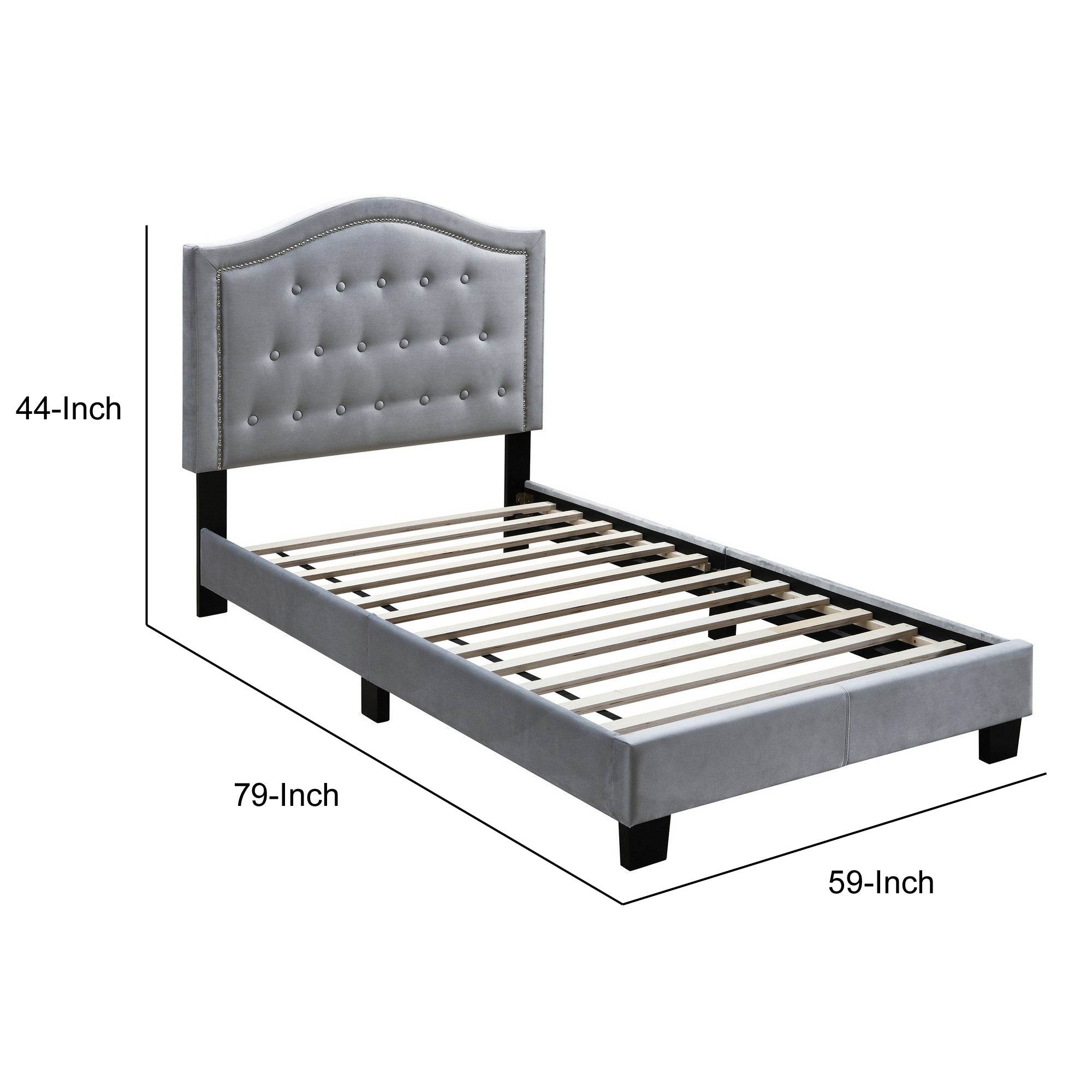 Benjara Button Tufted Full Velvet Bed with Curved Headboard, Gray