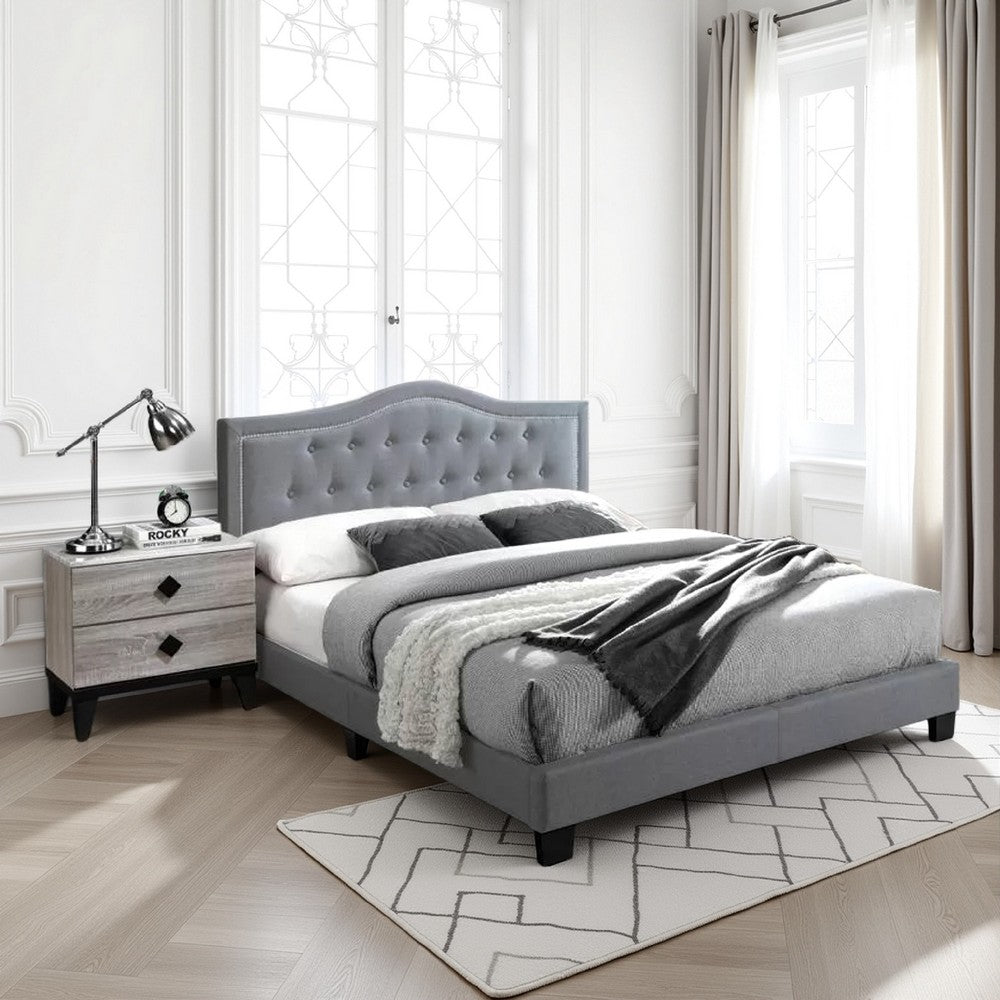Benjara Button Tufted Full Velvet Bed with Curved Headboard, Gray
