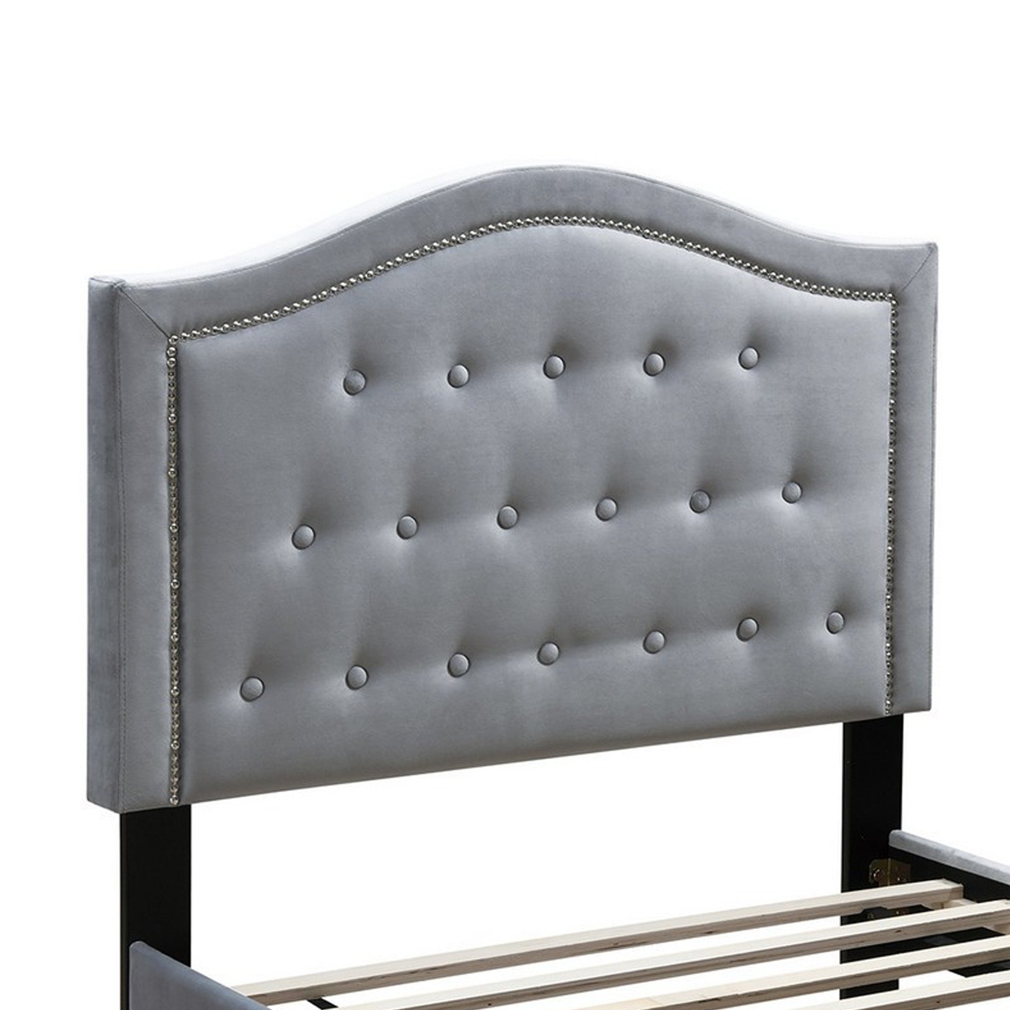 Benjara Button Tufted Queen Velvet Bed with Curved Headboard, Gray