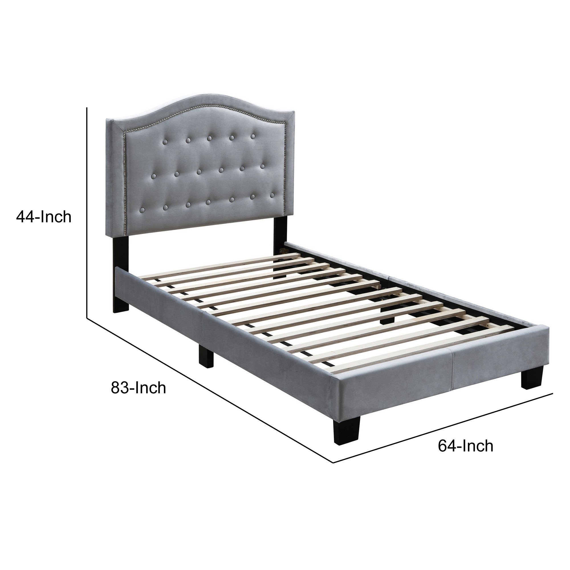 Benjara Button Tufted Queen Velvet Bed with Curved Headboard, Gray