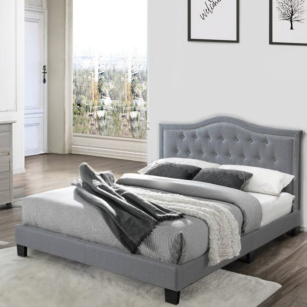 Benjara Button Tufted Queen Velvet Bed with Curved Headboard, Gray