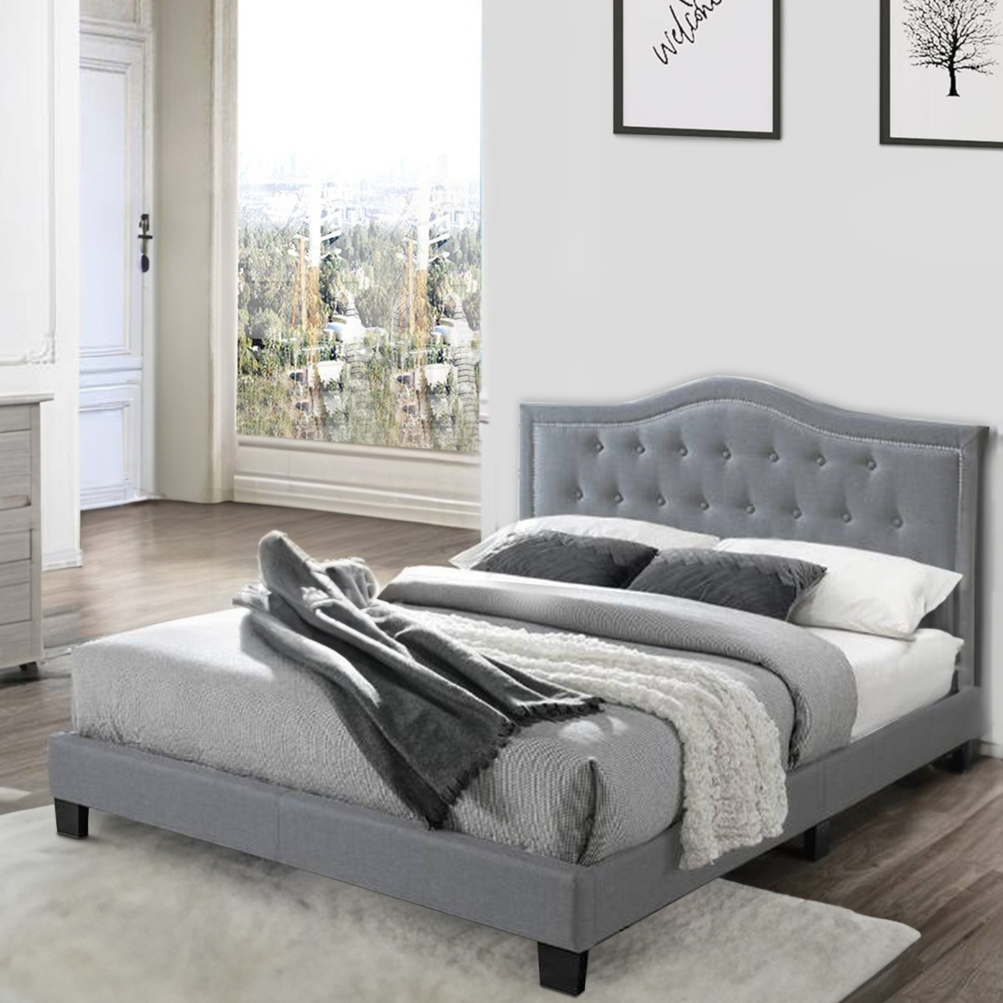 Benjara Button Tufted Queen Velvet Bed with Curved Headboard, Gray