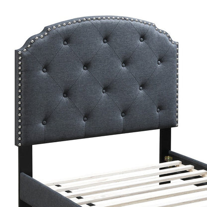 Benjara Twin Bed with Button Tufted Scalloped Headboard, Gray