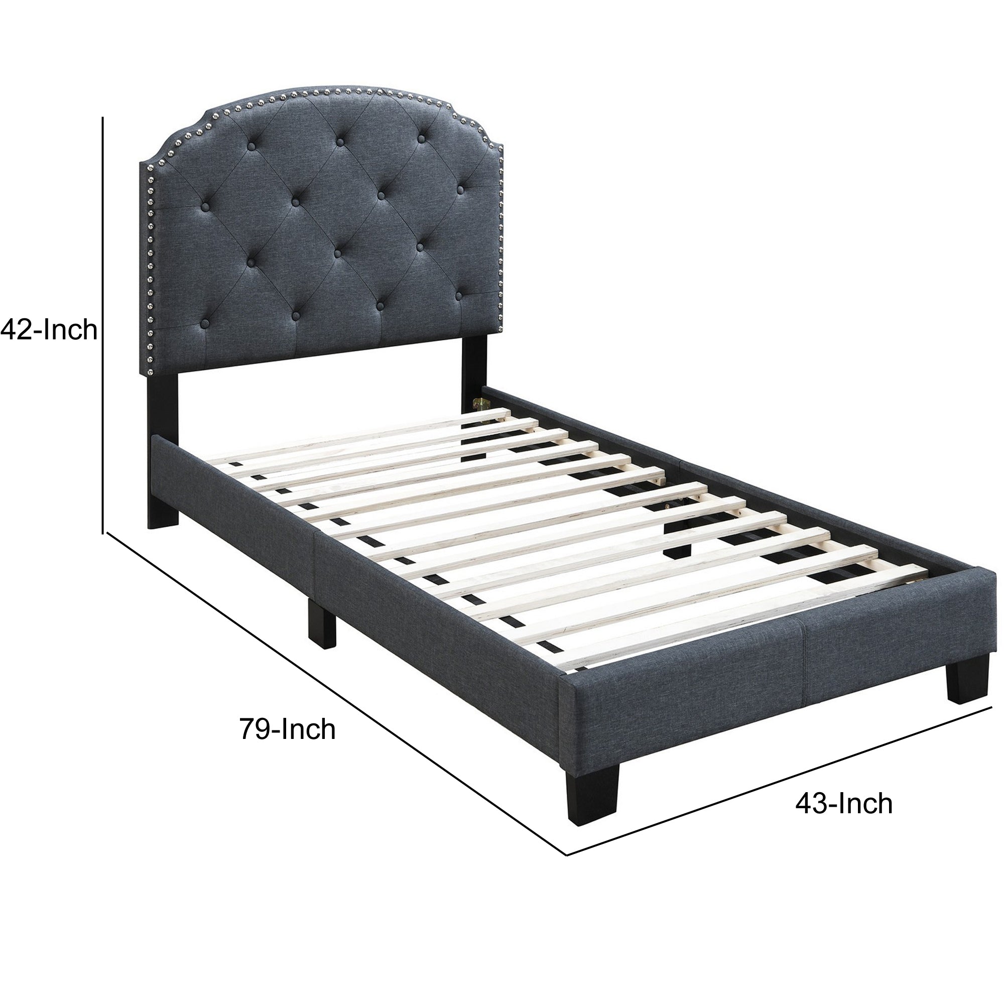 Benjara Twin Bed with Button Tufted Scalloped Headboard, Gray