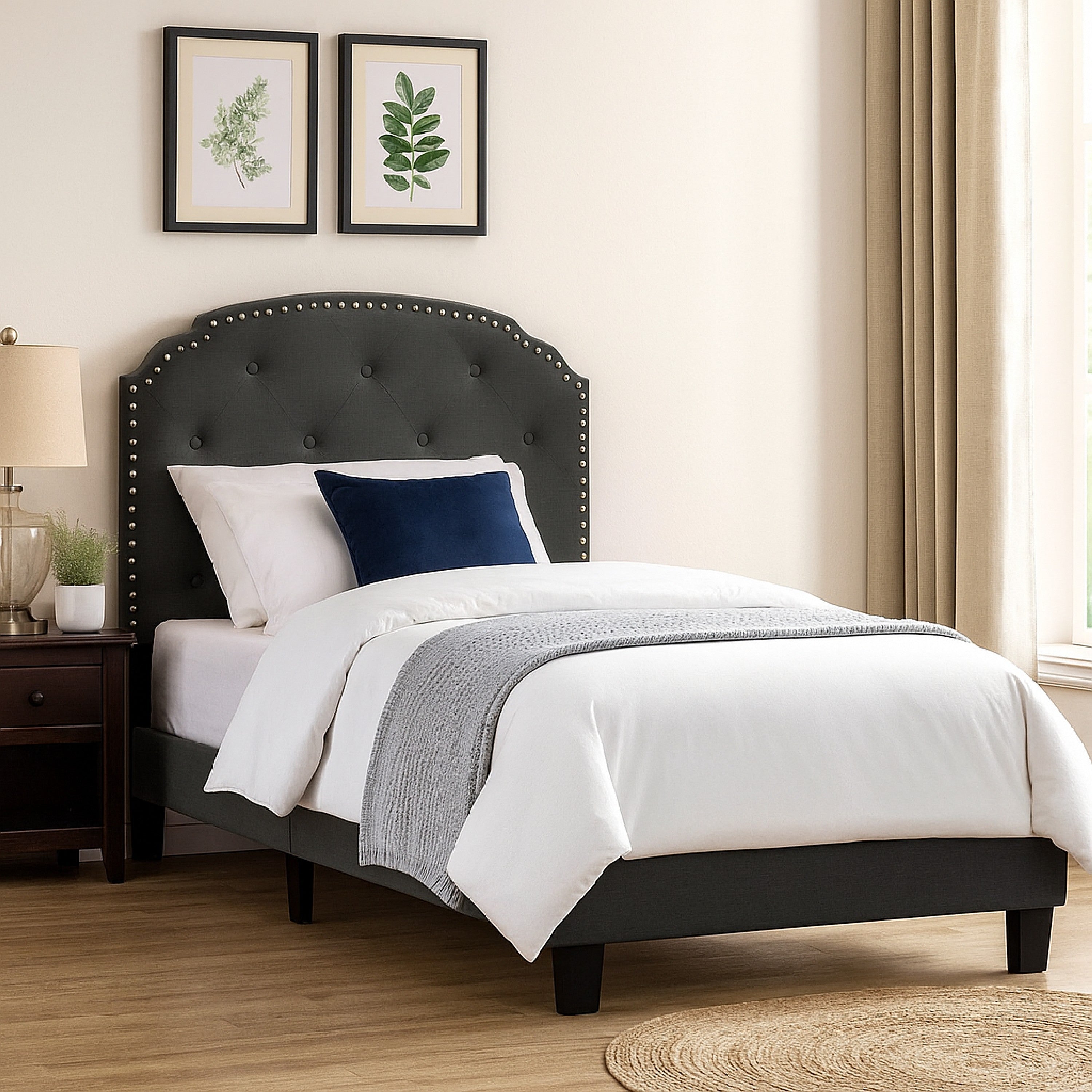 Benjara Twin Bed with Button Tufted Scalloped Headboard, Gray