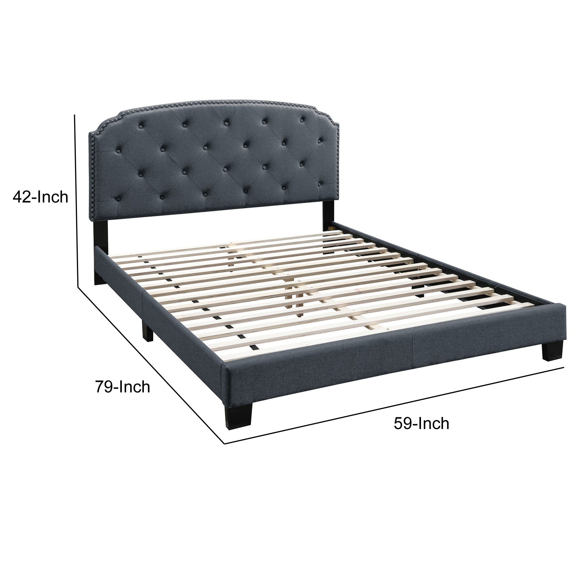 Benjara Full Bed with Button Tufted Scalloped Headboard, Gray