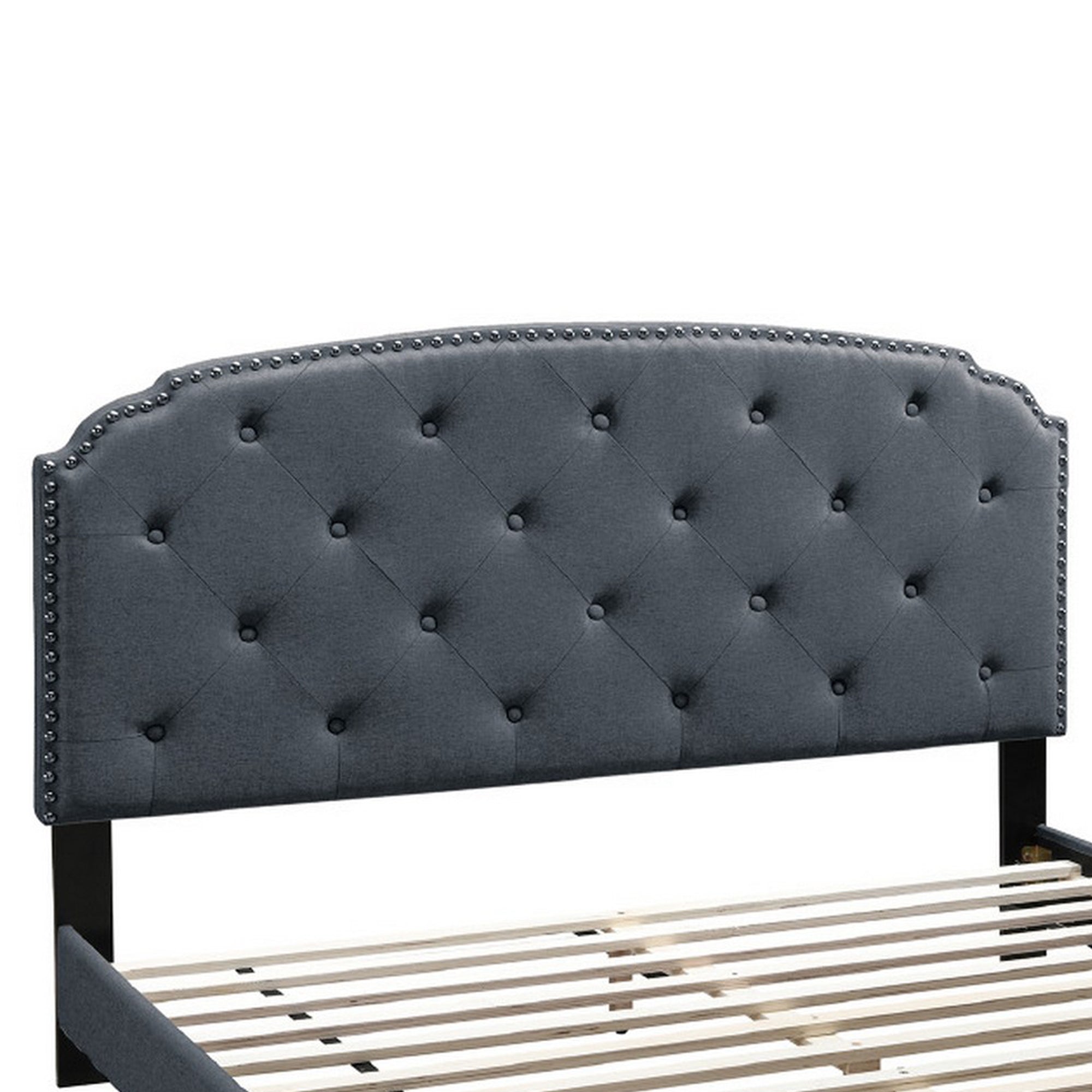 Benjara Queen Bed with Button Tufted Scalloped Headboard, Gray
