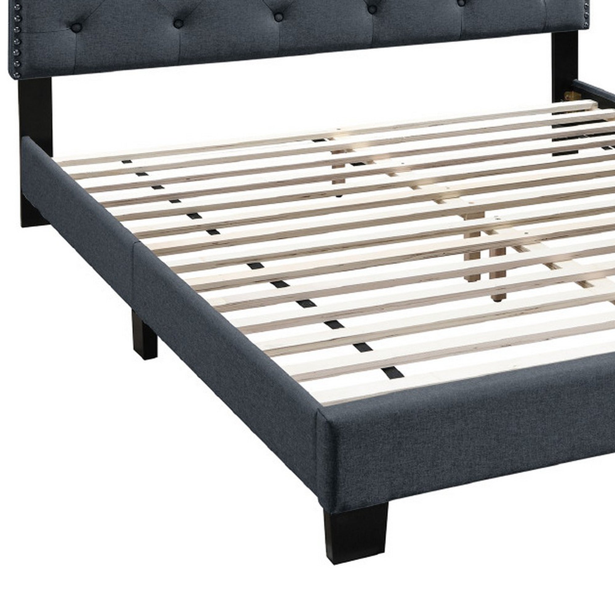 Benjara Queen Bed with Button Tufted Scalloped Headboard, Gray